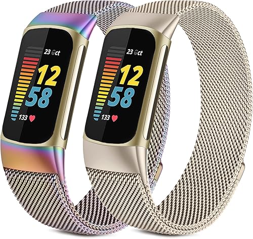 Miniatura 1 de Paquete de 2 bandas de metal compatibles con Fitbit Charge 5 bandas para mujeres y hombres, cierre magnético, malla de acero inoxidable, correa de