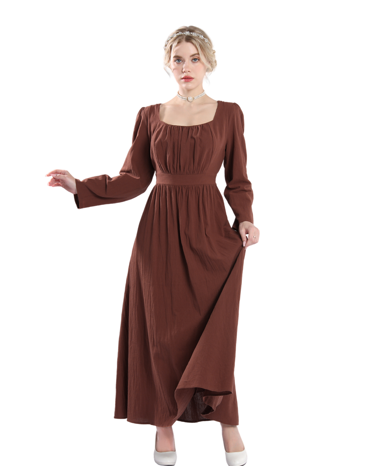 old brown dress Mocha Brown Lace Balloon Sleeve Long Dress – Vintage Fairytale Style Brown / M main image 0