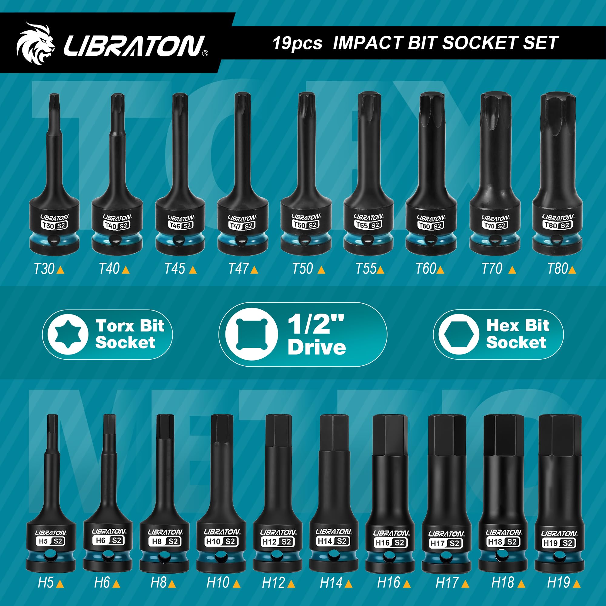 LIBRATON Set 19 Pezzi Bussole a Impatto Esagonali e Torx 1/2" - Acciaio S2 (H5-H19 + T30-T80) - per Chiavi a Impatto - Custodia XPE per Meccanica e Auto