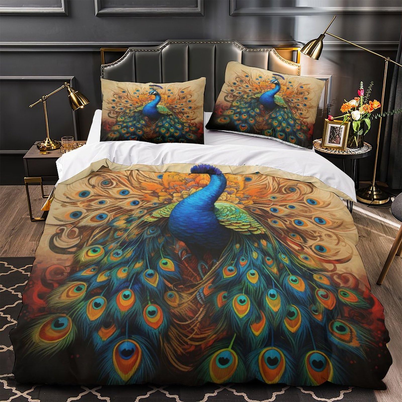 Housse de Couette Paon 3D en Microfibre Parure de Bedding Confortable 200x200cm