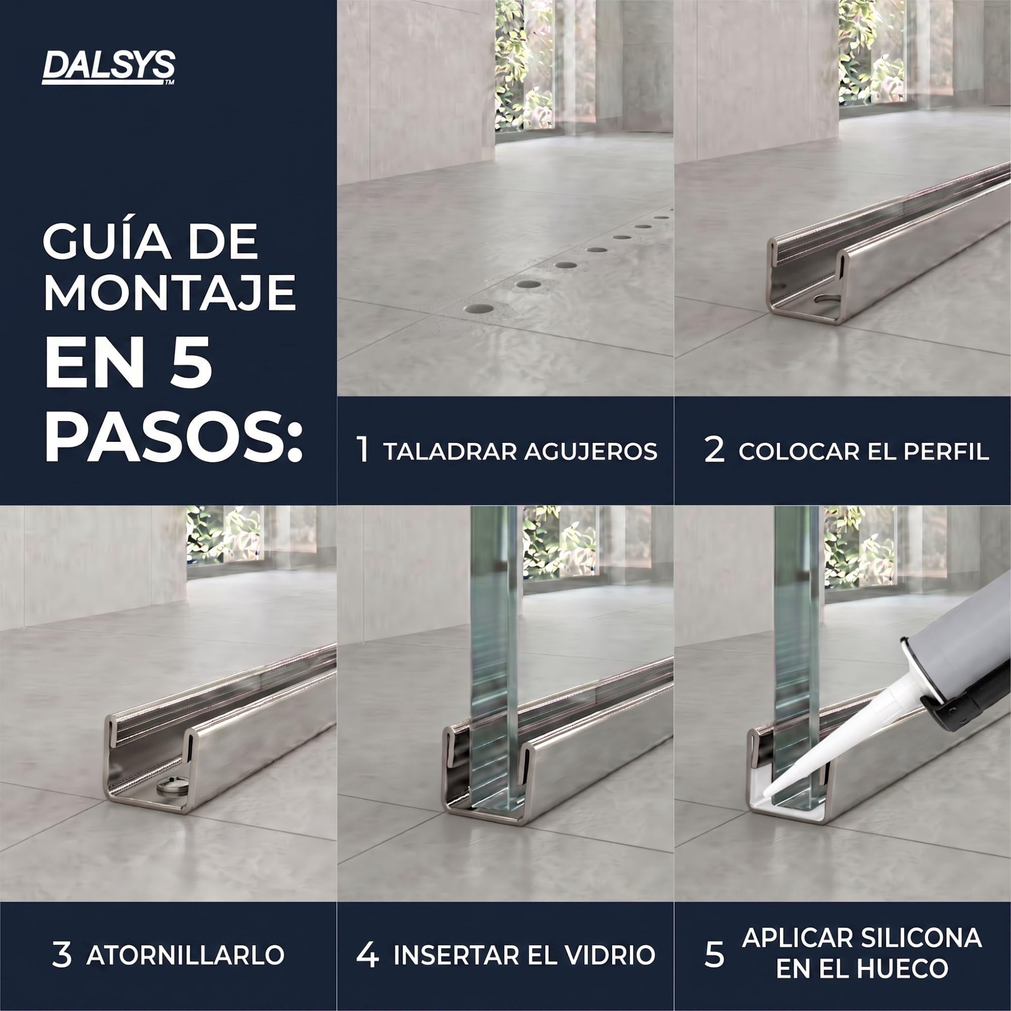Perfil de conexión a pared con guía de cristal 200cm x 12mm x 11mm