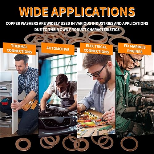 Miniatura 6 de Surtido de 200 arandelas métricas de cobre, 9 tamaños (M5 a M14), juntas de sellado planas para tapones de drenaje de aceite, aplicaciones