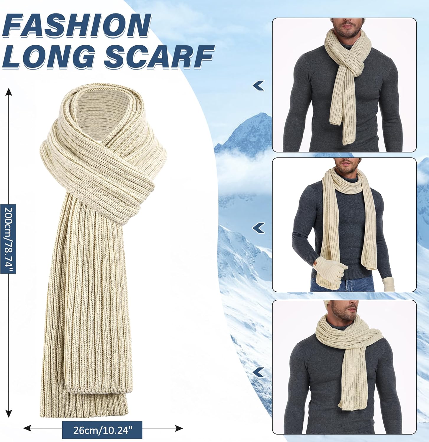 Mens Winter Beanie Hat Long Neck Scarf Touchscreen Gloves Set with Warm Fleece Lined Cap Gifts for Men Cold Weather