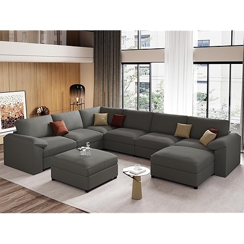 EASE MOOSE Modular Sectional Sofa, Oversized Faux Leather Sectional with Ottoman, Wide Deep Modular Couch, Scratch Resistant Faux Leather Material, U Shaped Couch for Big Spaces Living Room, Grey