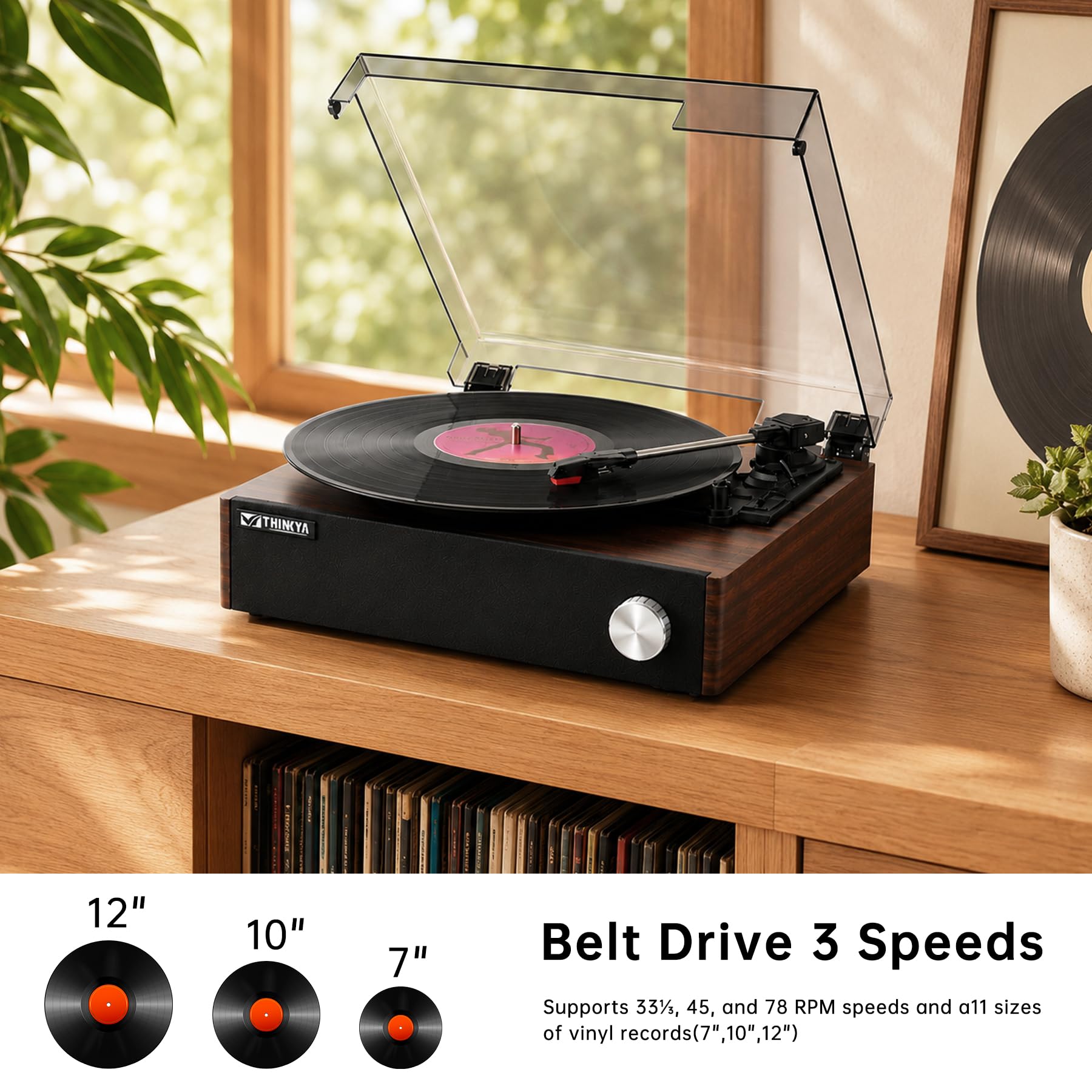 Odtwarzacz płyt winylowych z wbudowanymi głośnikami, gramofon Bluetooth z napędem pasowym Hi-Fi, do płyt winylowych, 3-biegowy odtwarzacz retro vintage z automatycznym zatrzymaniem, stabilne ramię