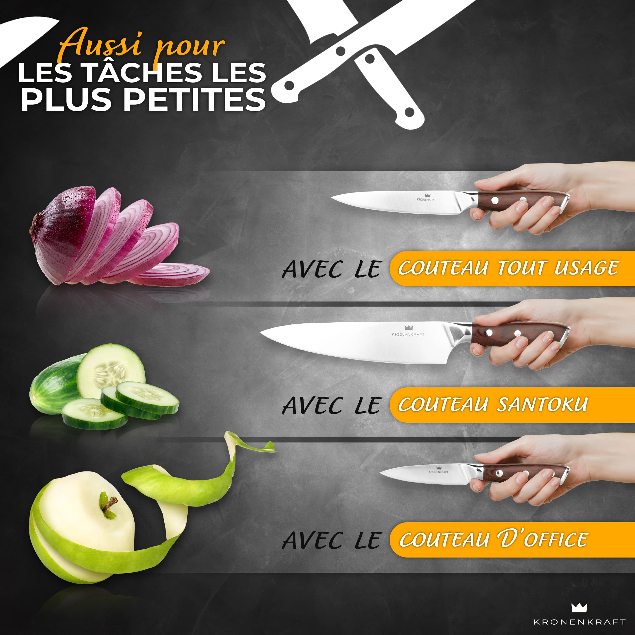 Set de Couteaux KRONENKRAFT® de 9 Pièces - Inclut Couteau de Chef, Couteau Santoku, et Plus - Fabriqué en Acier Allemand, Manche en Bois Pakka - Idéal pour Cuisine Professionnelle
