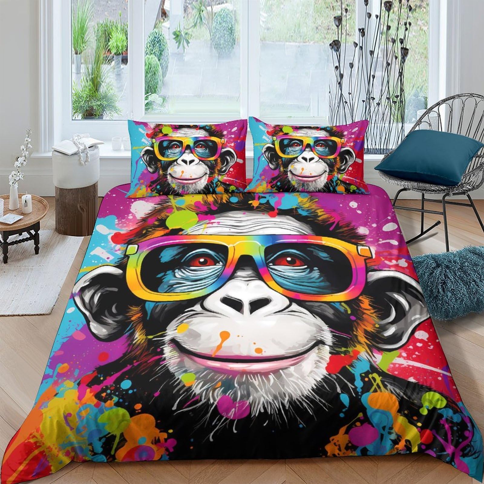 GPLZQXKJNH 3D Printed Colourful Monkey Duvet Cover Microfiber Soft Breathable Graffiti Bedding Set with 2 Pillowcases for Bedroom Decor Single（135x200cm）