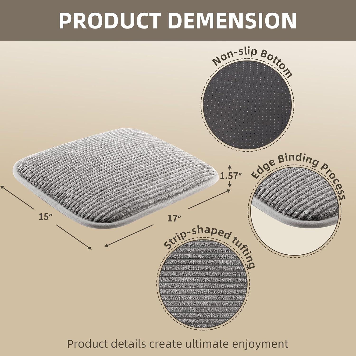 Memory Foam Chair Cushion, Tufted Non-Slip Back Rectangle 17 x 15 Inches Seat Pads for Office, Dinning Room, Kitchen, 4 Counts, Grey