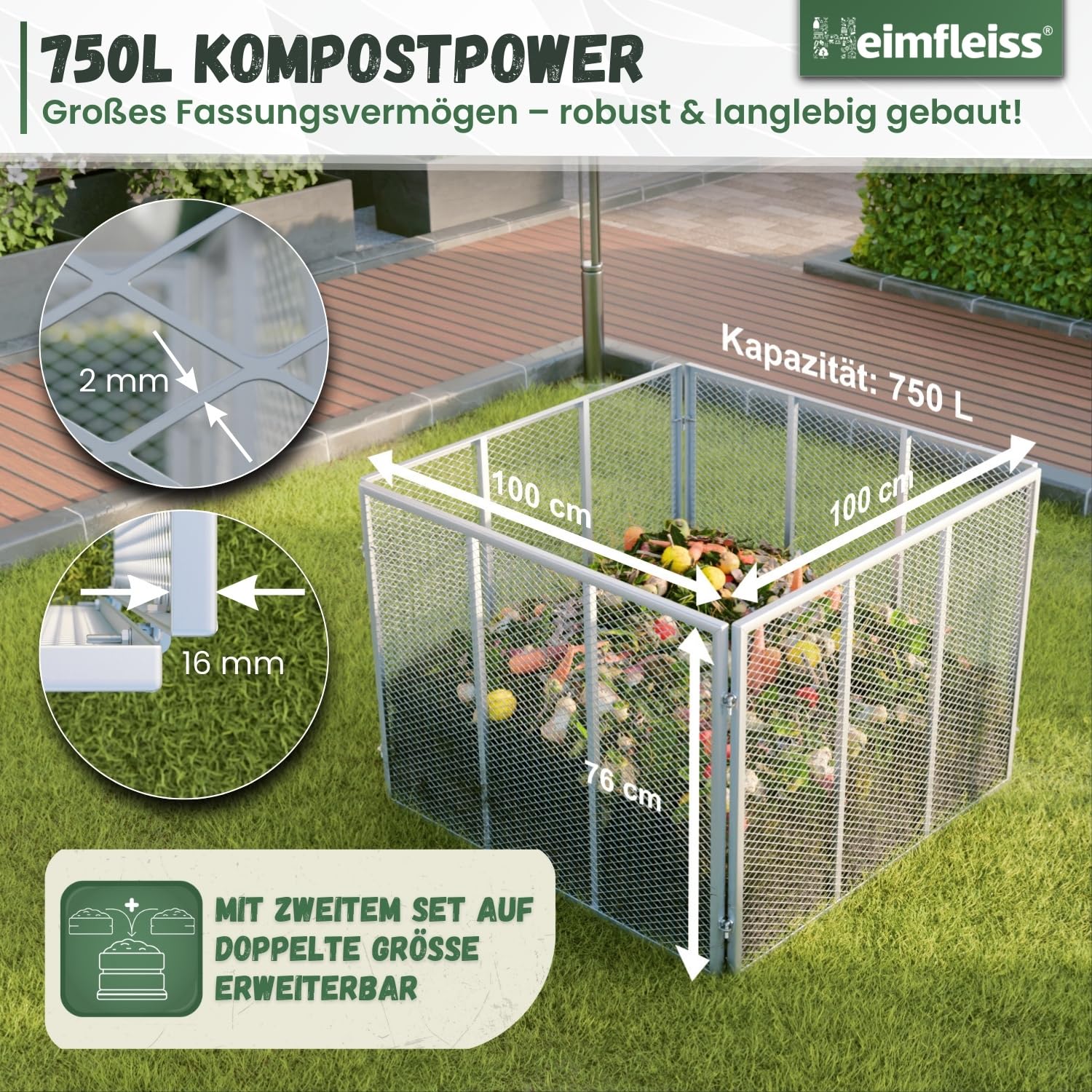 Heimfleiss® Komposter Garten 100x100x75 cm | 750L Metallkomposter verzinkt & pulverbeschichtet | Metall Kompostbehälter für Rasenschnitt & Biomüll | Gartenkomposter mit Stecksystem | Kompost Behälter
