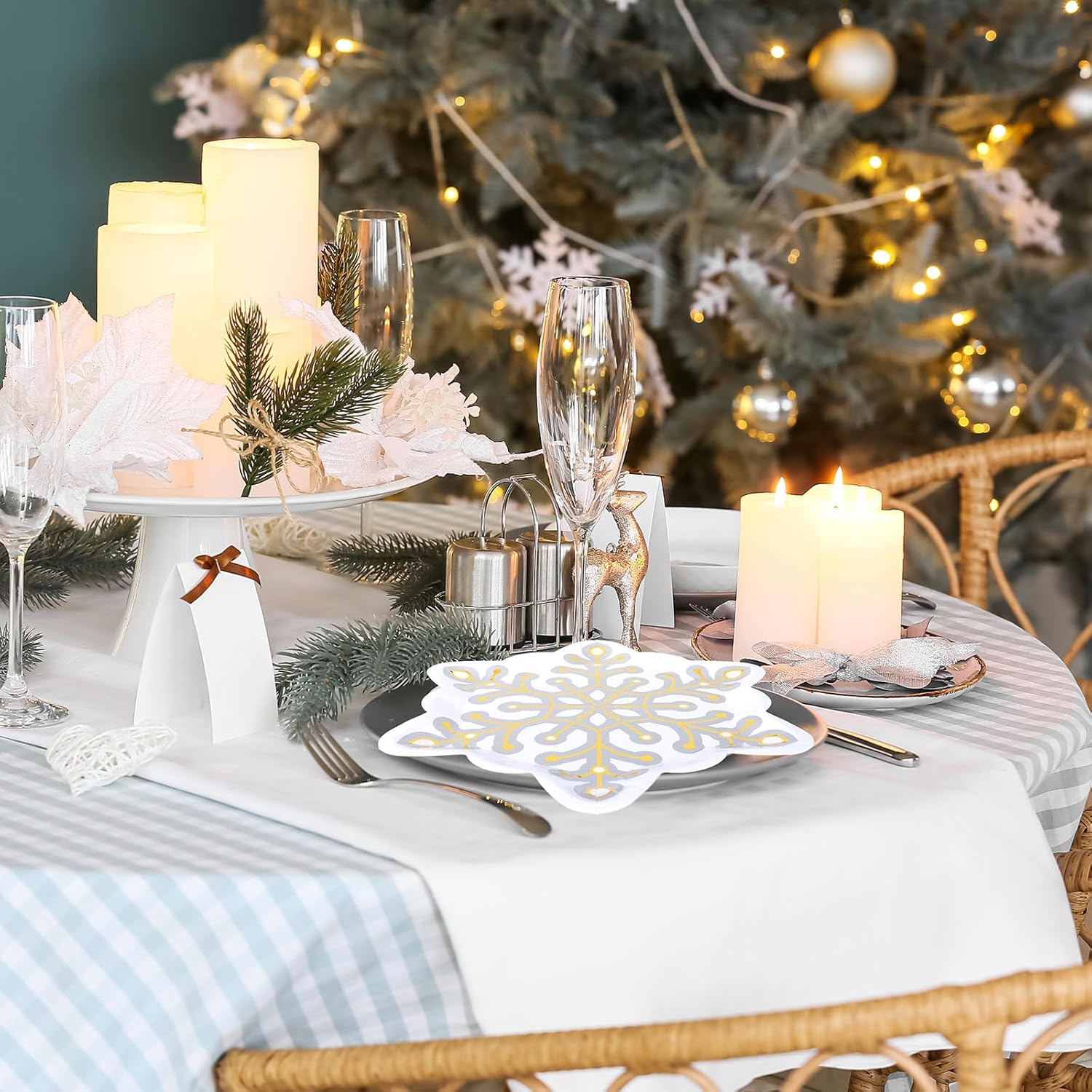 Whaline 48 Pack Christmas Paper Plates Snowflake Shape Disposable Plates Gold Foil Winter Decorative Tableware for Dessert Appetizer Xmas Party Supplies, 8.6 x 9.7 Inch