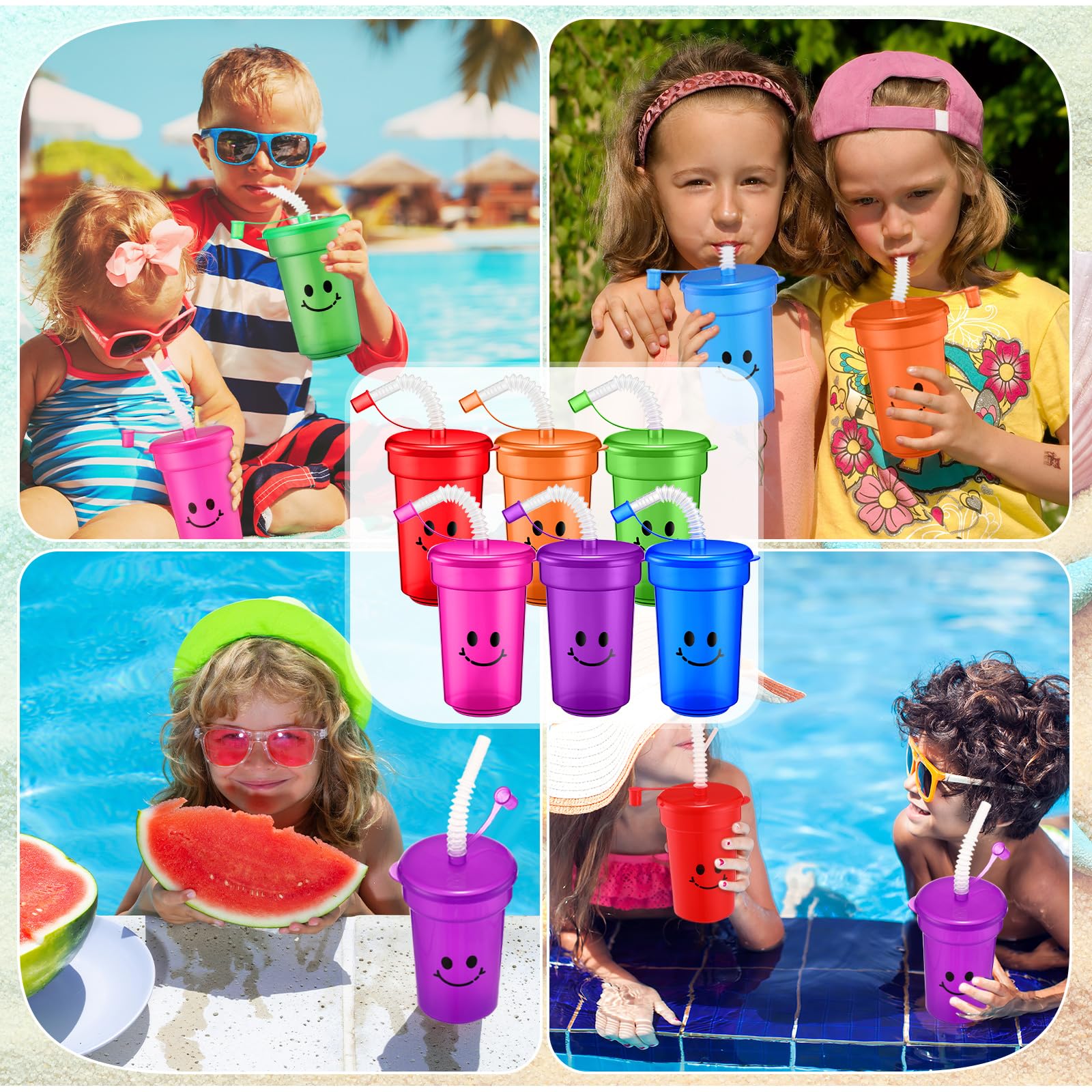 Mumufy Bicchieri da 350 ml per bambini, con coperchio e cannucce, bicchieri in plastica colorata, riutilizzabili, accessori di compleanno per bambini, regalo di fine anno per studenti (48 pezzi)