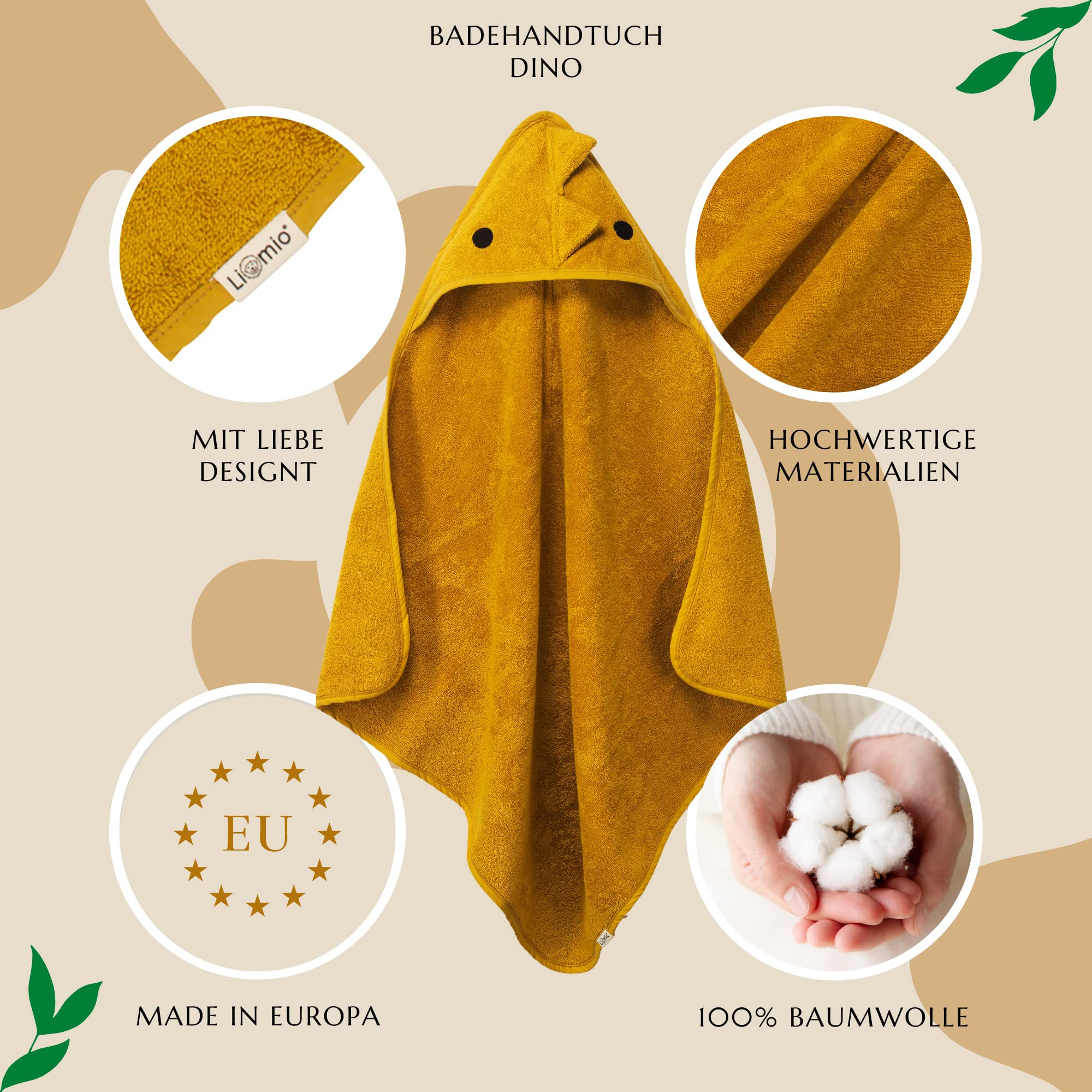 Serviette à capuche pour bébé - Serviette pour bébé avec capuche - 100 % coton - Certifié Oeko-TEX 100 - Douce et douillette - Cadeau pour bébé (75 x 75 cm, dinosaure - Moutarde)
