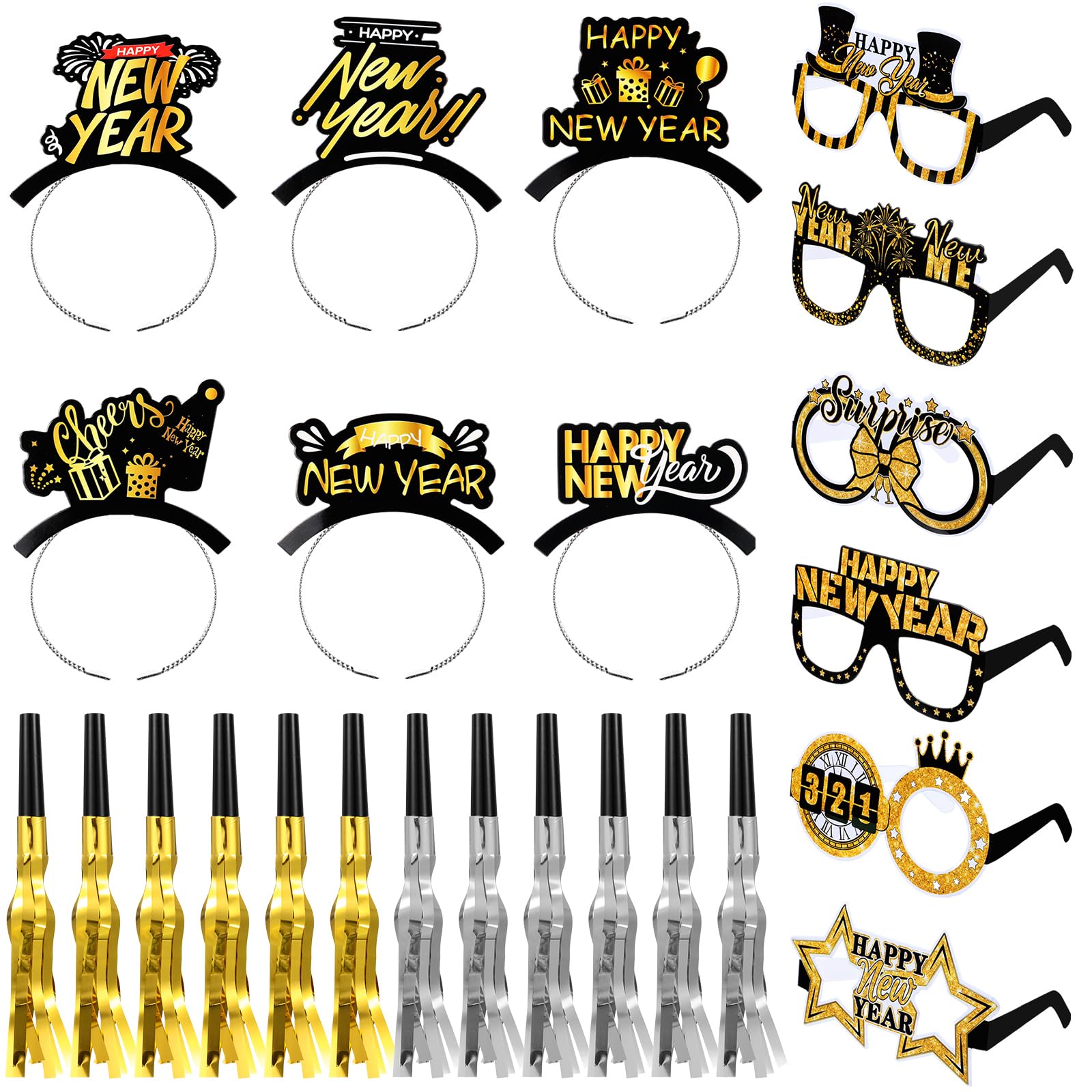 Crowye 24 Pcs New Years Eve Party Supply 2025, Include 6 Happy New Year Headband 6 Eyeglasses and 12 Metallic Fringed Noise Makers(Cute)
