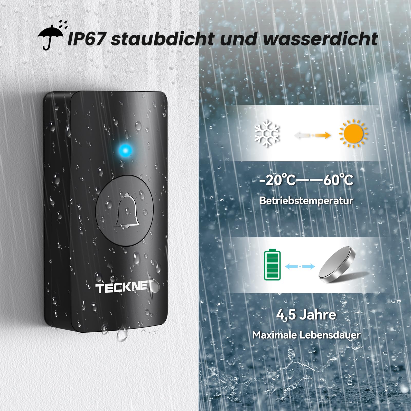 TECKNET Funkklingel, Funkklingel Batteriebetrieben mit 3 Empfänger 1 Sender, 400m Reichweite IP67 Funkklingel aussen wasserdicht, Kabellose Türklingel, Haustür Klingel mit 5 Lautstärken 60 Melodien