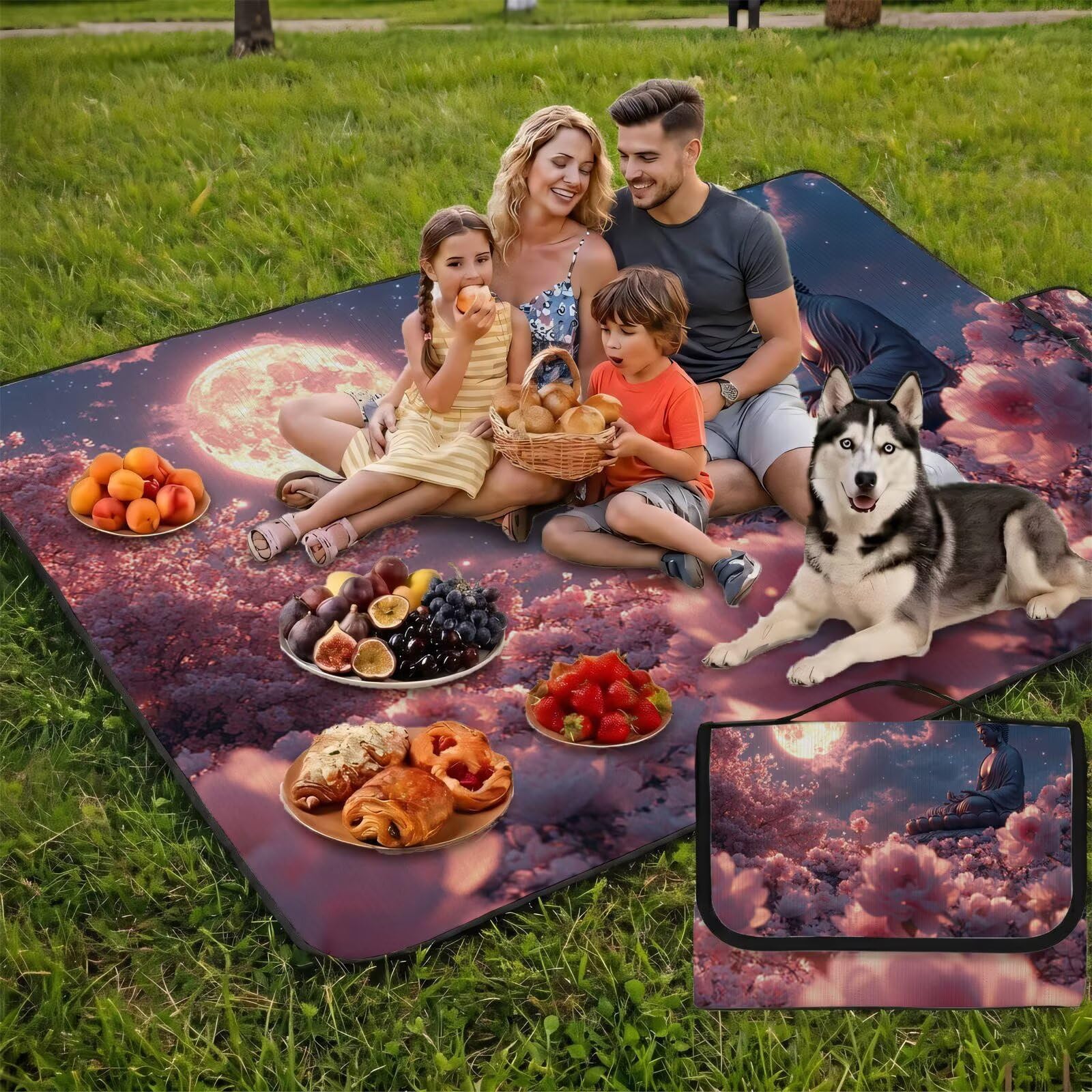 Couverture de Pique-Nique Grande 200x300cm,Outdoor Couverture Imperméable,Pliable Tapis de Plage Dos en PVC Anti-Sable,Picnic Blanket pour Camping Accessoires,Jardin,Parc - Lune,Fleur (3) UZ-425