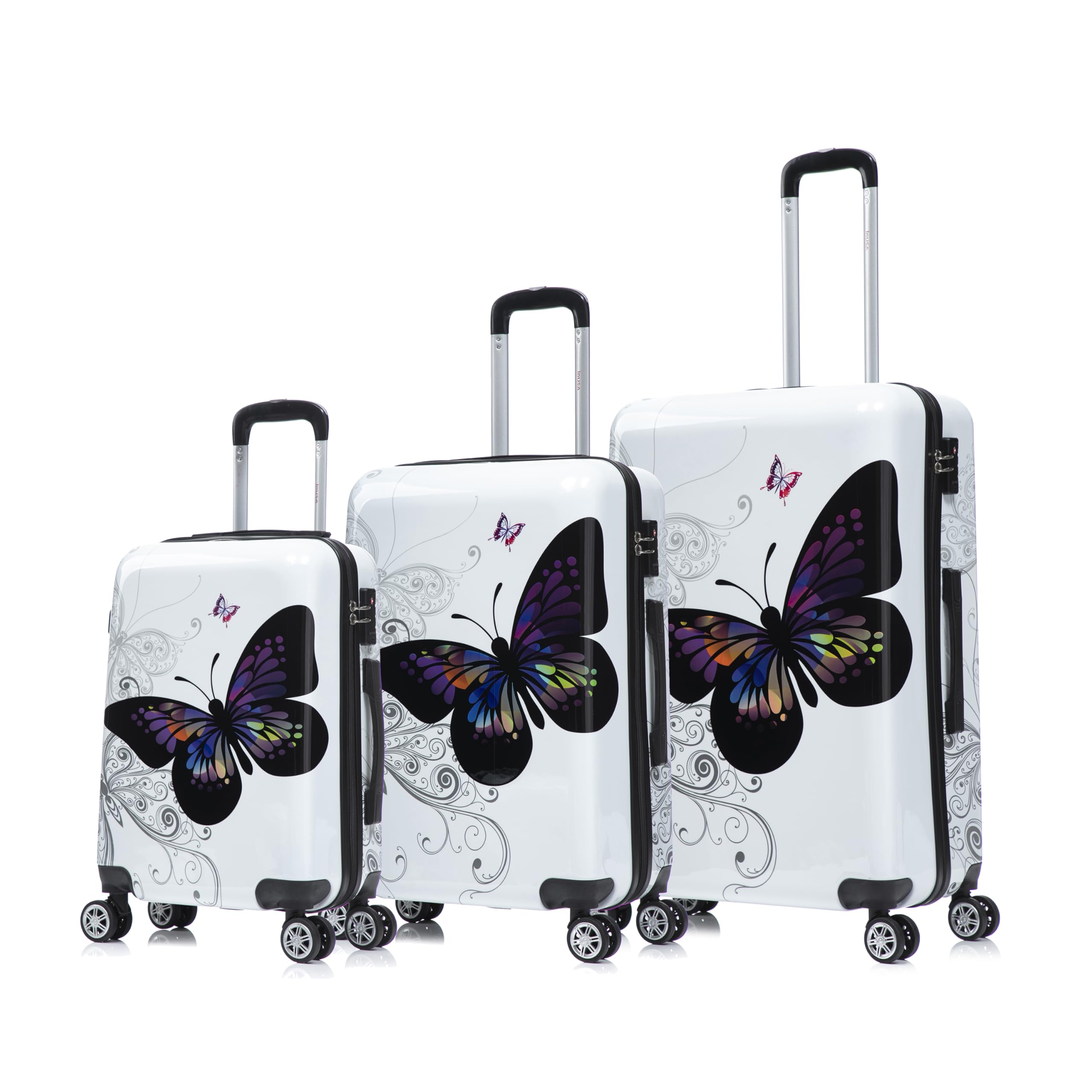InUSA Butterfly Print Luggage with Spinner Wheels | Durable Lightweight Hardside Suitcase | Travel Bag with Handle and Trolley | (20in, 24in, 28in) 3 Piece Set