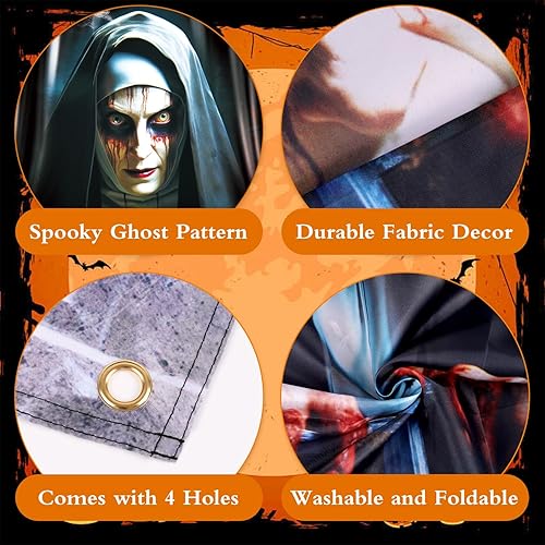 Vista 5 de LOMIMOS Decoración aterradora de Halloween para ventana, cortina de terror de Halloween, tela de monja, decoración de telón de fondo espeluznante