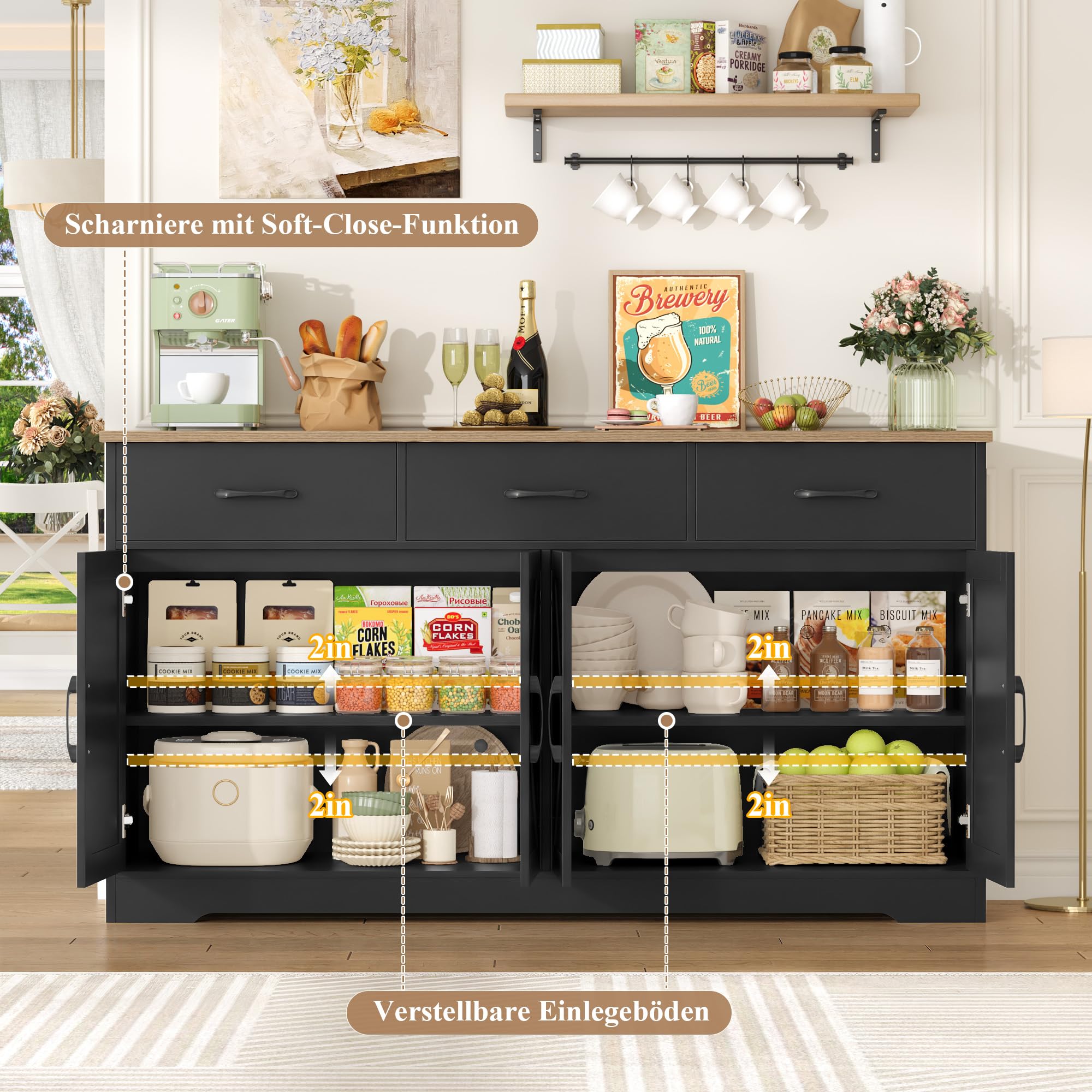 HOCSOK Credenza Cucina, 150 cm Madia Dispensa Cucina con 3 Cassetti 4 Ante, Mobile TV con Ripiani Regolabili per Soggiorno, sala da pranzo, Ingresso, Credenza Soggiorno, 150×81.5×38.5 cm, Nero