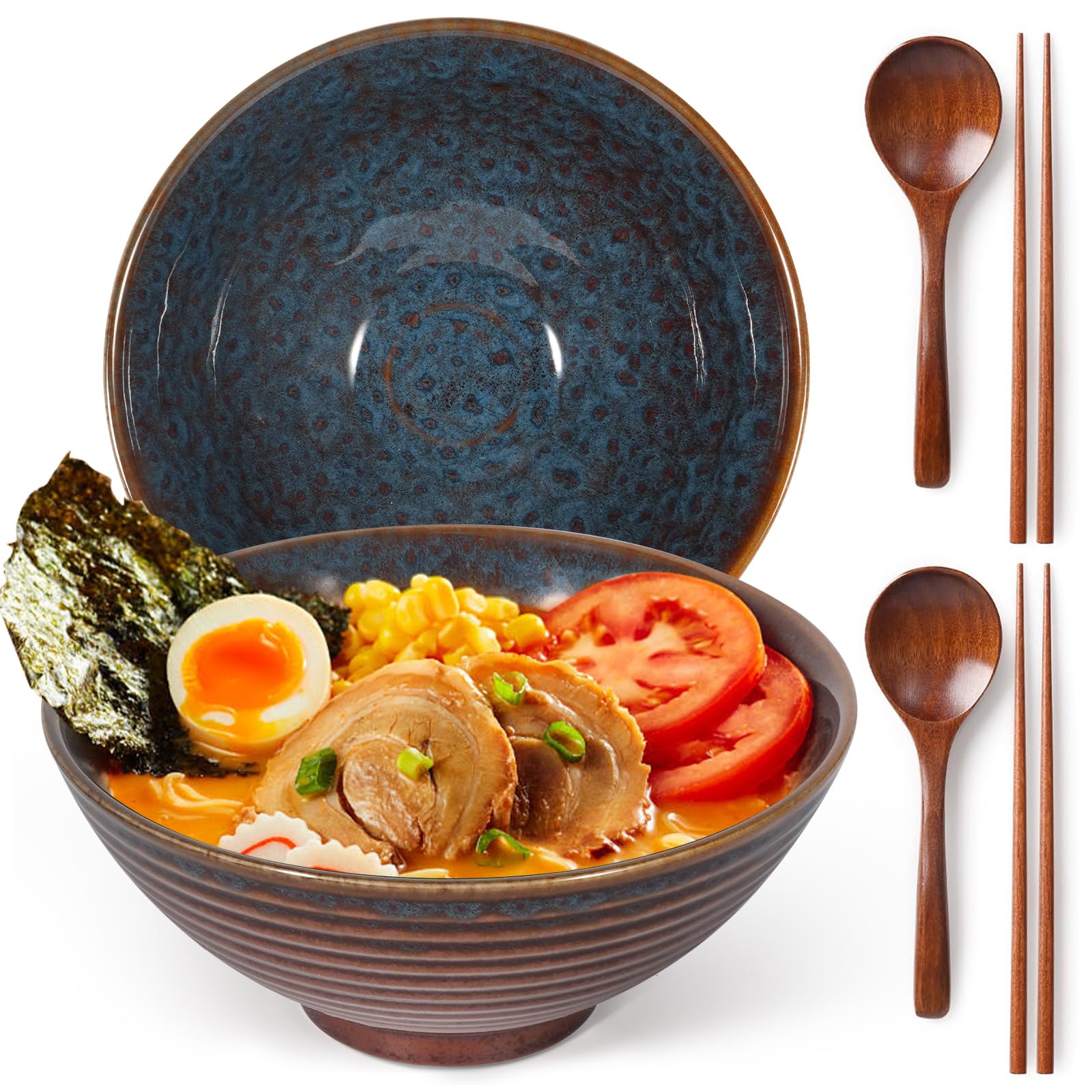 LRHAFET 2 x 1200ml Ramen Schüssel aus Keramik mit Essstäbchen und Löffeln, 20cm Ramen Bowl, Suppenschalen Rührschüsseln,Suppenschüssel Groß Ramen set rahmenschüssel.