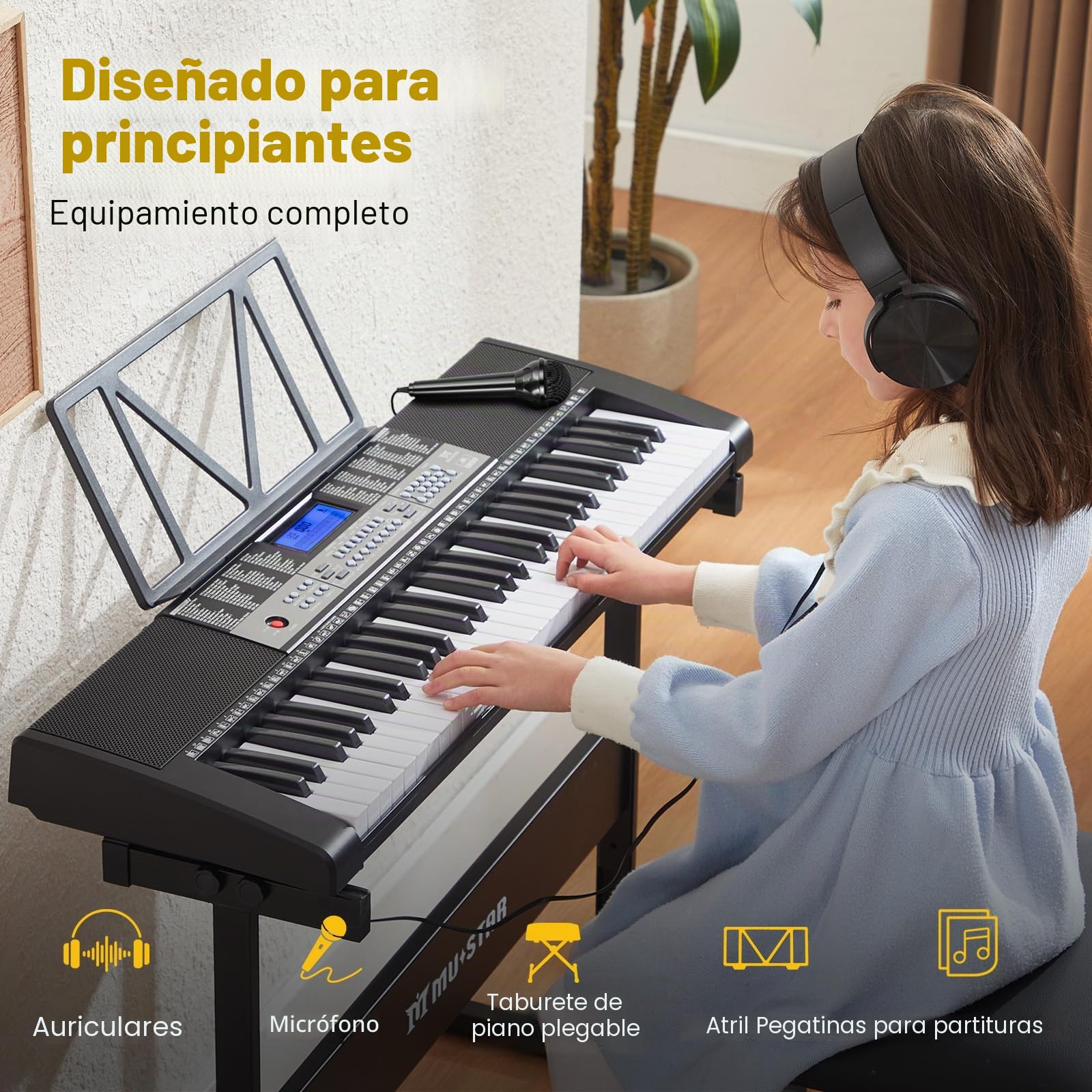 MUSTAR 61 Key Lighting Digital Piano con Función Táctil - Electrónico para Principiantes con Lecciones Inteligentes, Soporte, Taburete, Auriculares y Función USB