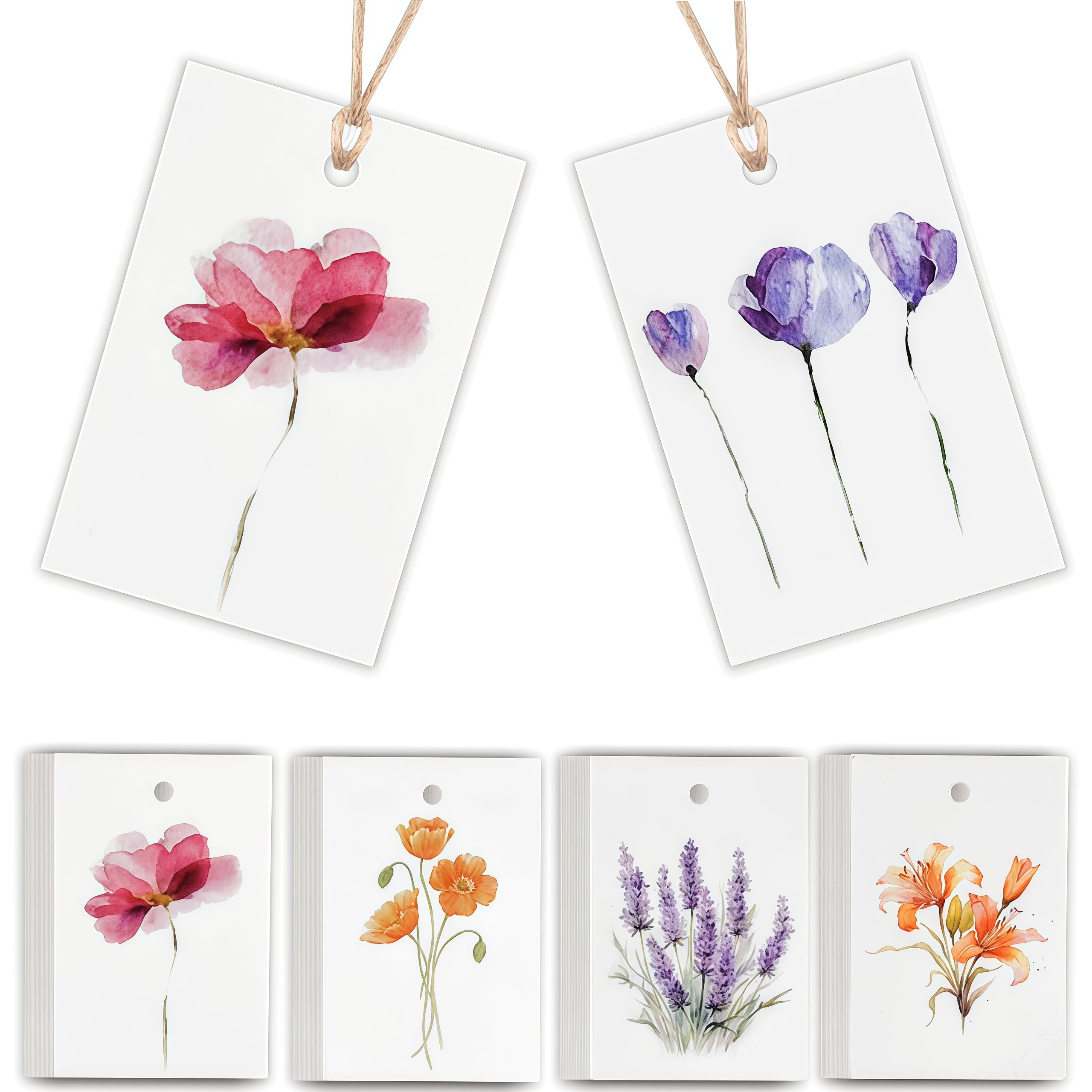 OPUHOHR 50PCS Floral Blank Gift Tags with Ribbons, 1.97 * 2.95CM Watercolor Flower Paper Hang Tags for Bridal Baby Shower Birthday Wedding Party Favors Supplies