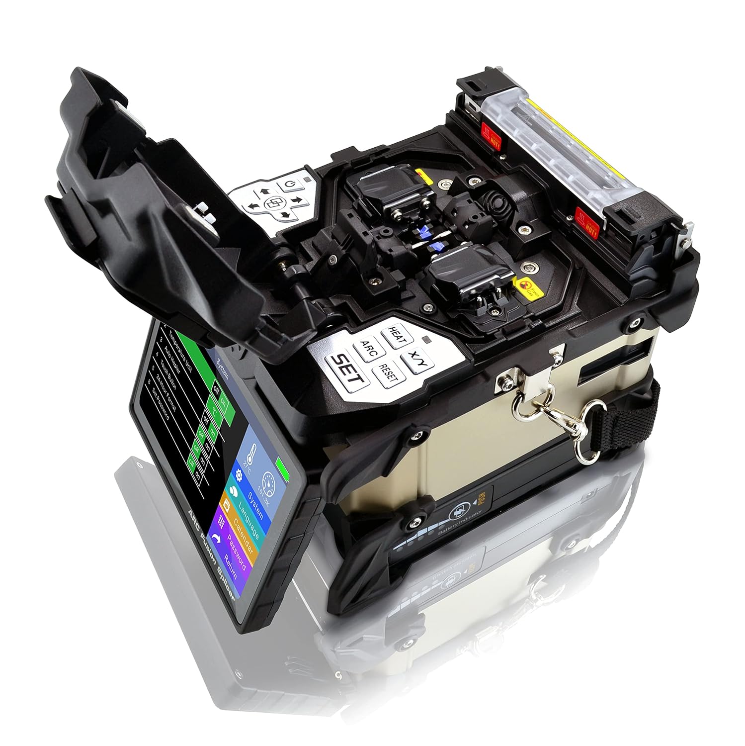 SKYSHL SS415F Fusion Splicer with the fiber clamping area open, showing the V-grooves and electrodes.