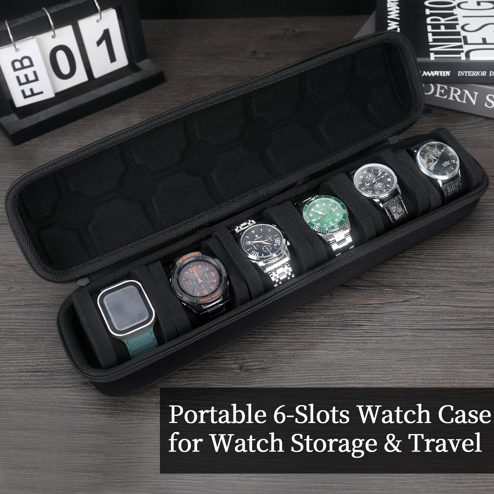 Custodia da viaggio a 6 scomparti per orologio da uomo e donna: scatola portaoggetti con maniglia per il trasporto, organizer portatile per orologi e orologi intelligenti