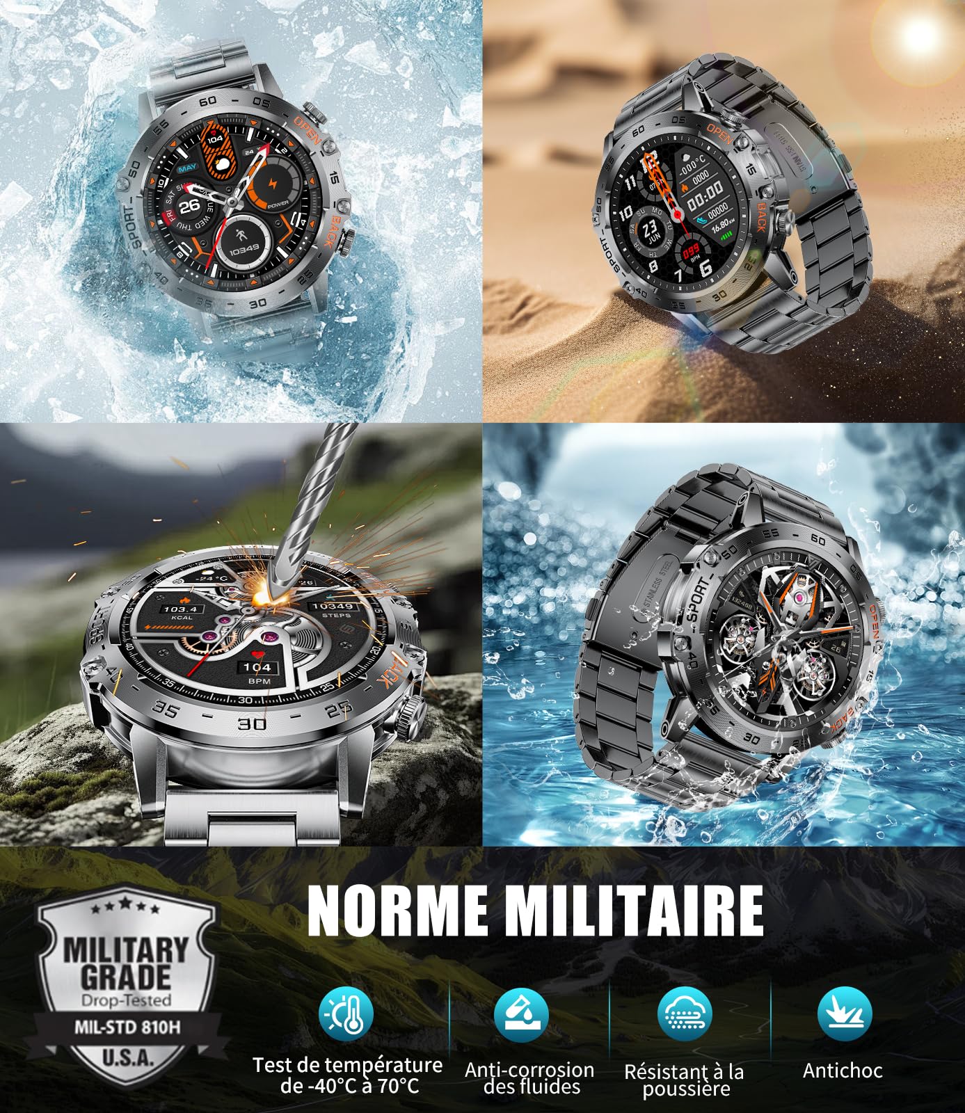 LIGE Militär Smartwatch Herren mit LED-Licht,1,43 HD AMOLED Smartwatch mit Telefonfunktion,Fitnessuhr,Schwarze Uhr mit 130 Sportmodi,Herz-/Schlaftracking,IP68 wasserdicht sportuhr für iOS/Android