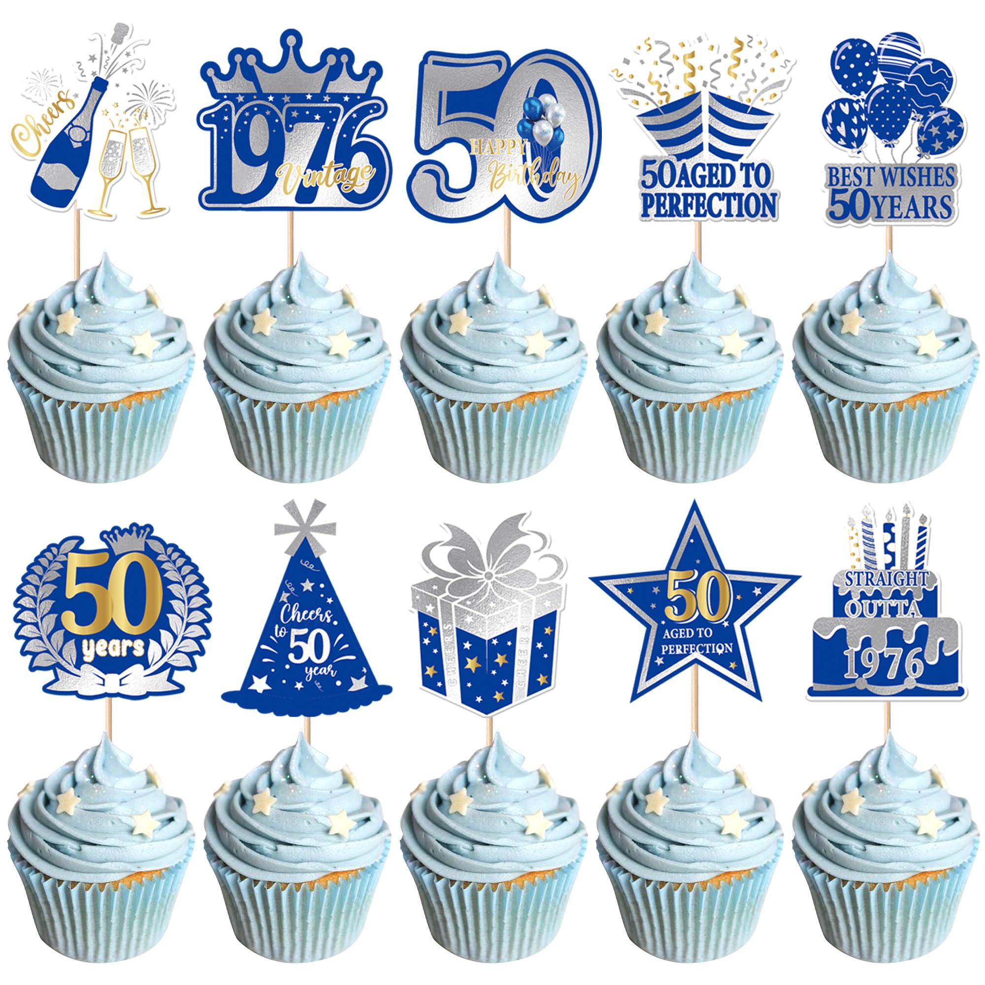 Xsstarmi 40 Pack 50th Birtday Cupcake Toppers Best Wishes 50 Years Aged to Perfection Straight Outta 1976 Cupcake Picks for Cheers to 50 Birthday Party Cake Decorations Supplies — image 1