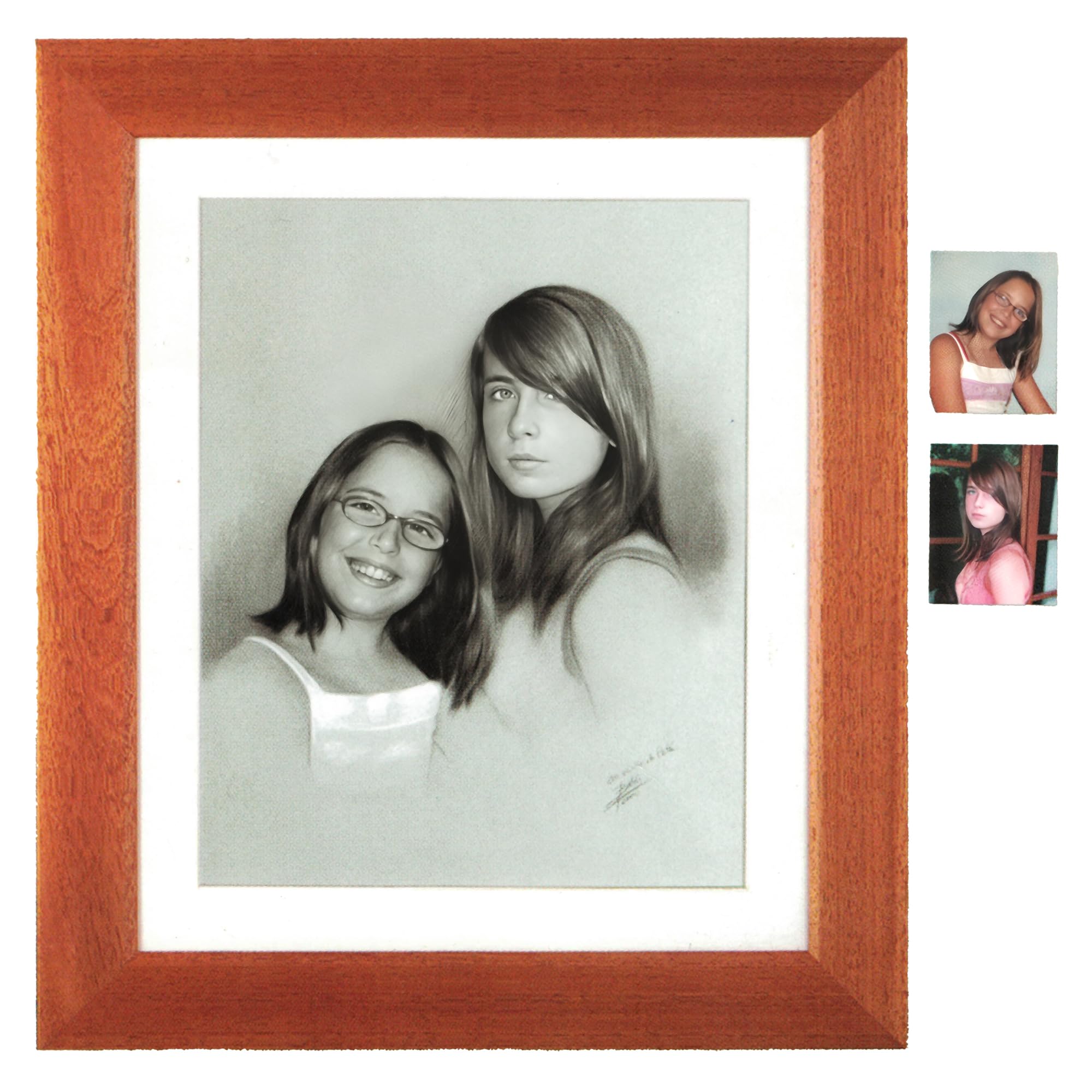 Cuadro personalizado a carboncillo, dibujado a mano con técnica fotorrealista. Enmarcado y listo para colgar. Obra de arte única, regalo especial o decoración exclusiva. (2 Figuras, 30.5 x 36.5 cm)