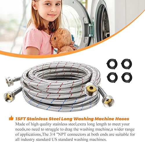 Miniatura 4 de Blutoget - Mangueras trenzadas de acero inoxidable para lavadora de 15 pies de largo, líneas de agua fría y caliente, interfaz estándar de 34