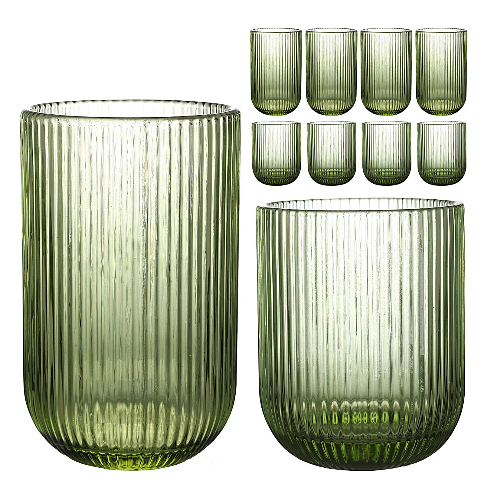 WeirdUncle Lot De 8 Verres Côtelés, 4 Verres Highball De 414 Ml Et 4 Verres à Boire De 255,1 G, Vert, Style Origami, Design Cannelé, Pour Lait, Eau