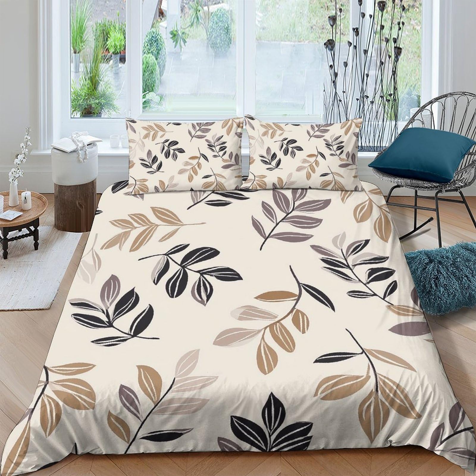 Ctjqhvkz Style-10 3D Printed Beige Botanical Leaves Fitted Sheet Microfiber Soft Leafy Pattern Mattress Cover For Bedroom Decor Single（135X200cm）