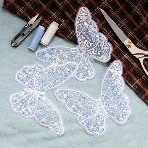 Miniatura 7 de CustomyLife 4 parches de mariposa para planchar, coser en apliques de mariposas de lentejuelas, parche bordado brillante, accesorios de disfraz para