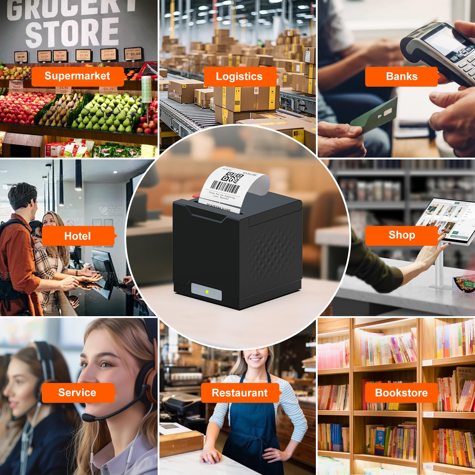 Impresora térmica de recibos, impresora de cocina de restaurante, impresora POS de 80 mm con cortador automático, interfaz USB/Ethernet, para Windows/Mac/Linux, no compatible con Square