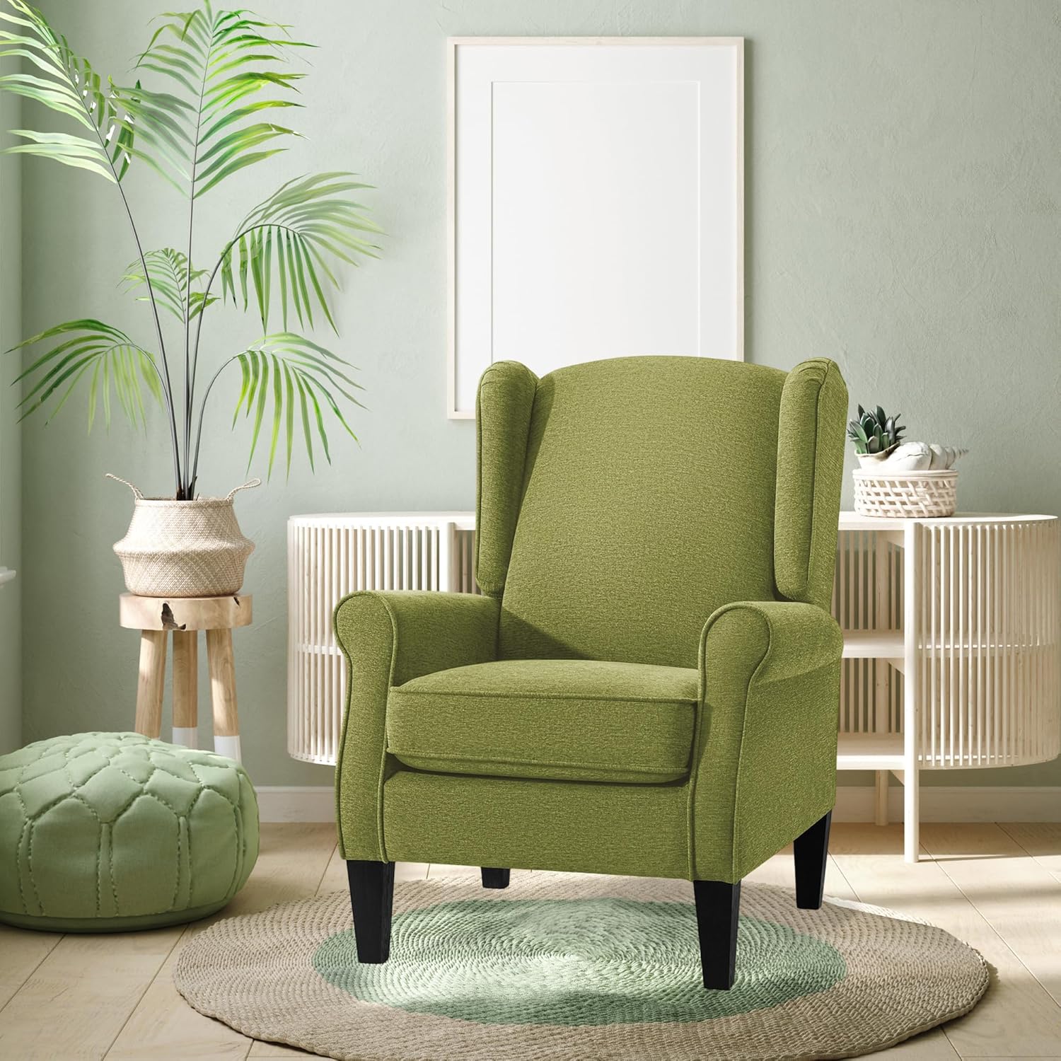 Accent Chair for Living Room, High Back Reading Armchairs with Removable Seat Cushion, Mid-Century Green Single Couch in Fabric, Modern Ergonomic Wingback Chair for Bedroom,Club, Balcony