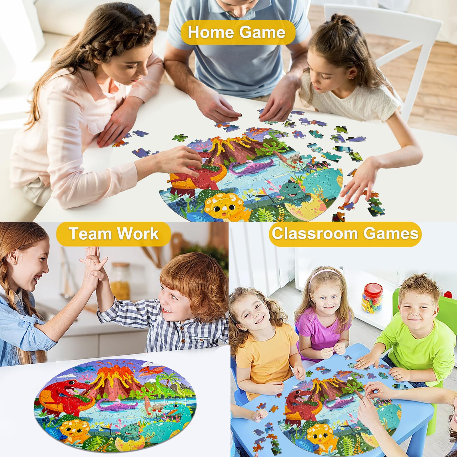Puzzle dla dzieci od 4, 5, 6 lat, 128 elementów, puzzle podłogowe, dinozaury, wulkan, duże puzzle dla dzieci, zabawka w kształcie koła, puzzle dla chłopców i dziewczynek w wieku 3-7 lat, 42
