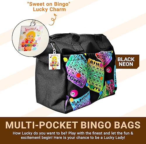 Miniatura 3 de LUCKY LADY DAUBER CO. Bolsas de bingo de neón con bolsillos, bolsa de 6 bolsillos con forro interior y dije de la suerte Sweet on Bingo, bolsas de
