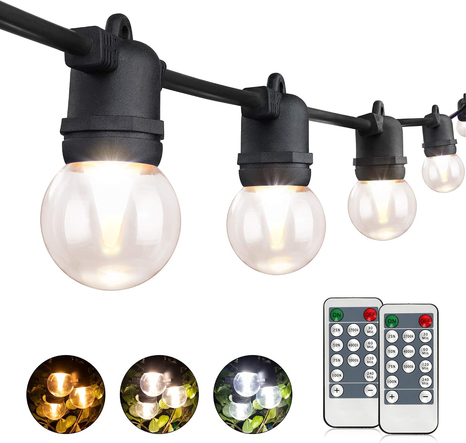 3-Color in 1 LED Dimmable Outdoor String Lights with Remote,48FT Connectable Waterproof Patio Lights of String,G45 Bulbs Warm/Nature/Daylight Shatterproof LED String Lights for Bistro Pergola