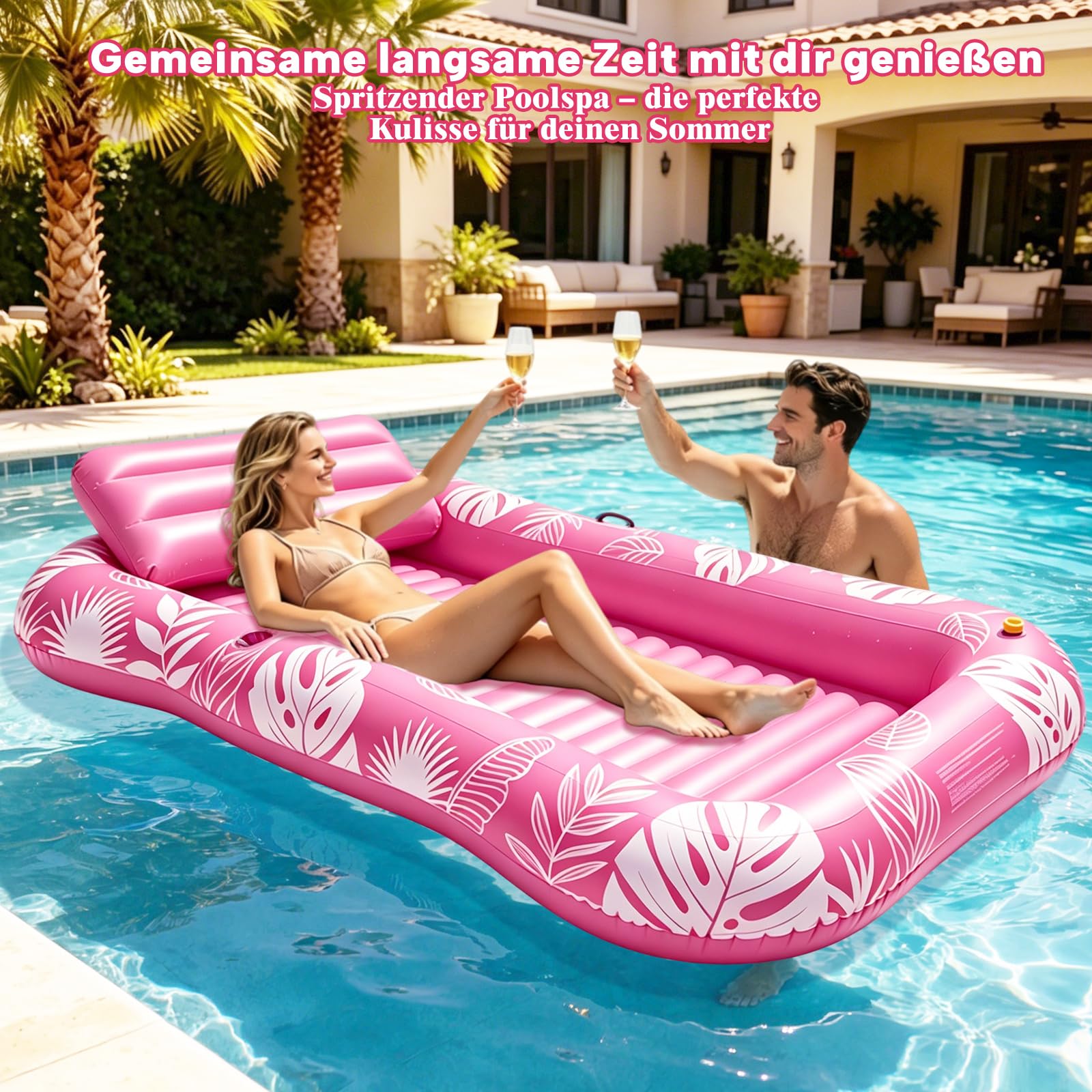 Tanning Pool mit Eingebautem Sprinkler, Luftmatratze Schwimminsel mit Getränkehalter, Griff und Rückenlehne, Amphibisch Luftmatratze Wasser Erwachsene Geeignet für Schwimmbäder, Strände, Gärten