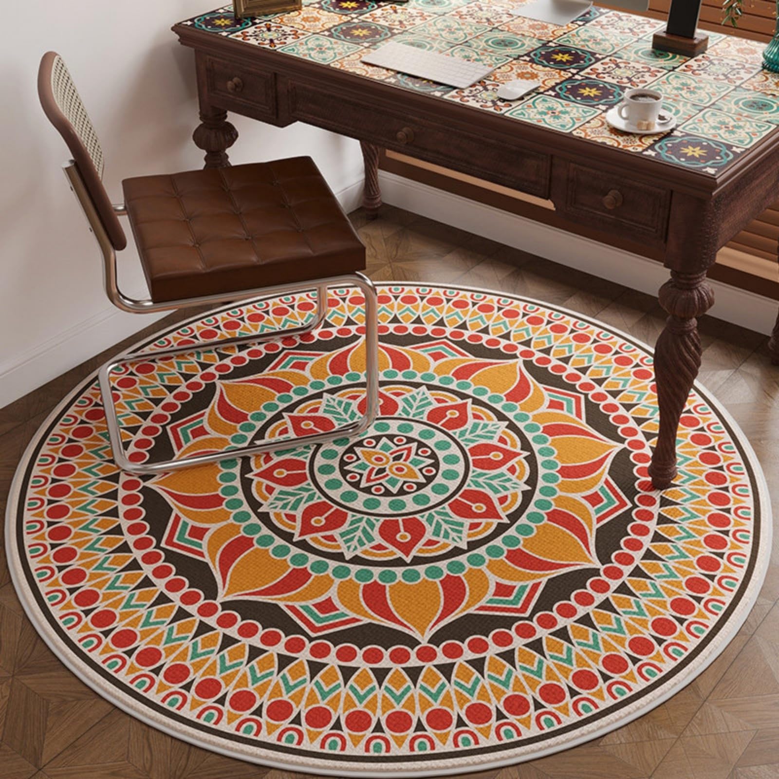 Teppich Wohnzimmer Rund 90 Cm Grün Und Orange Teppich Kurzflor Rutschfest