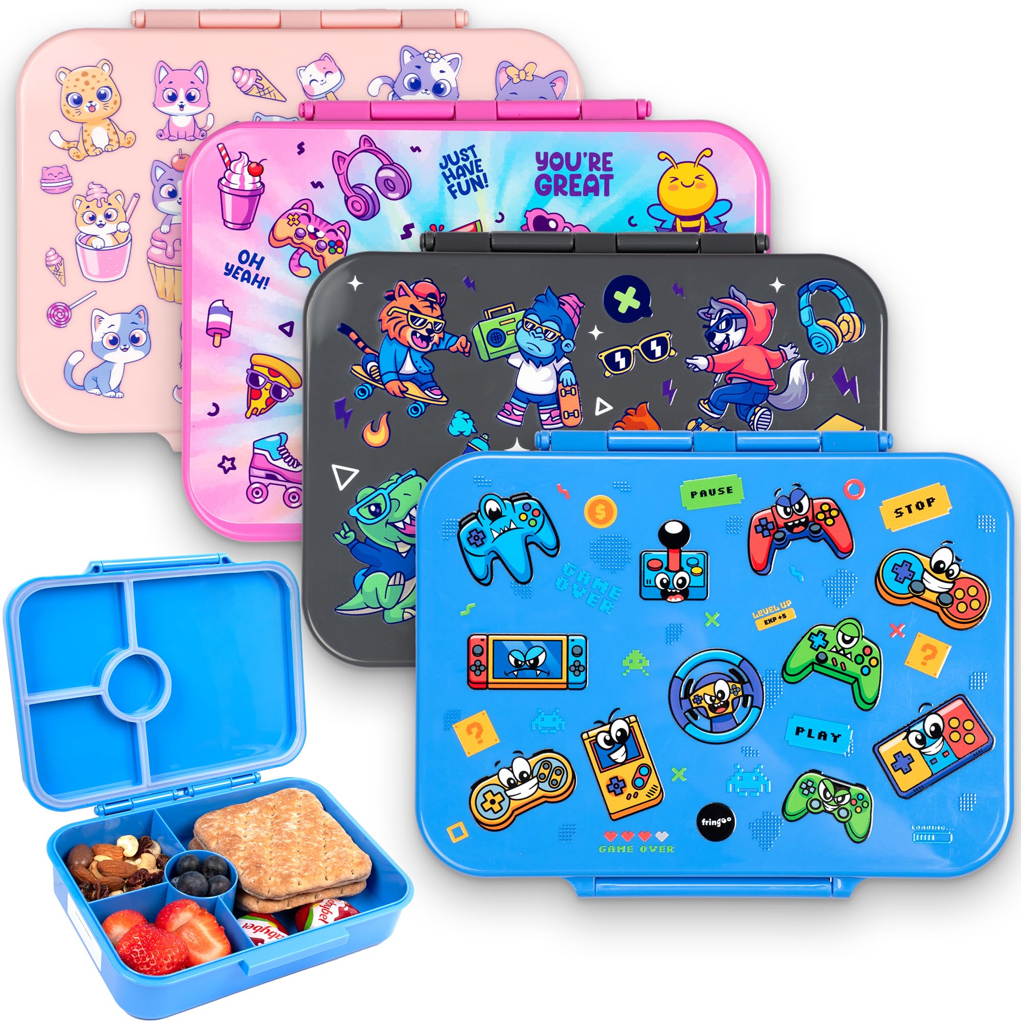 Fringoo - Bento Box - Lunch Box - Leak-Proof, 800ml capactiy, 5 Compartments, Adjustable Divider, BPA-Free, Blue Gaming Faces Design