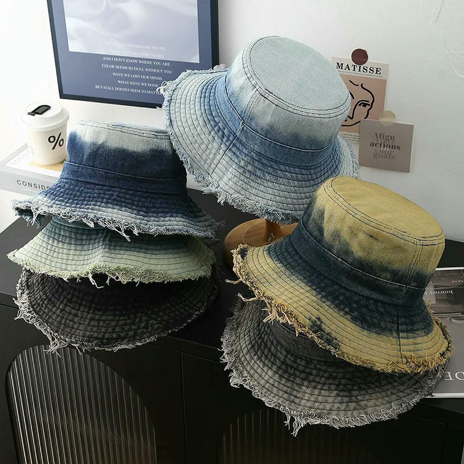 Kapelusz typu bucket Gradient Distressed Denim Hat, Outdoor Travel Fisherman Style With Frayed Edge