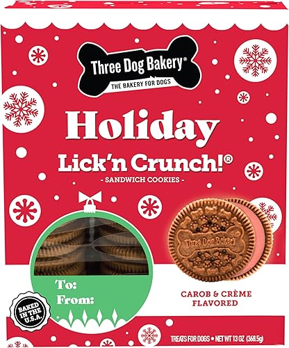 Three Dog Bakery Lick'n Crunch! Galletas de sándwich navideñas, sabor a algarroba y crema roja, golosinas prémium para perros, 13 onzas cada una