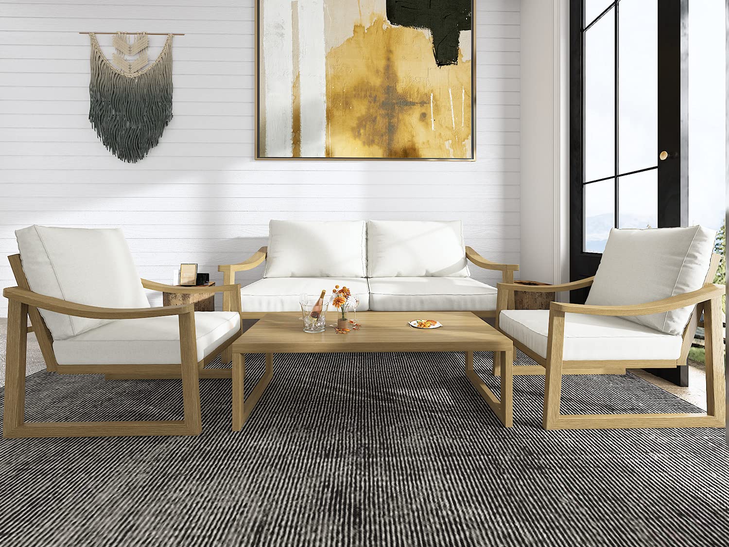 Allewie Patio Furniture Set, 4 Pieces Metal Faux Wood Retro Outdoor Conversation Sets, Modern Table, Loveseat and Chairs w...