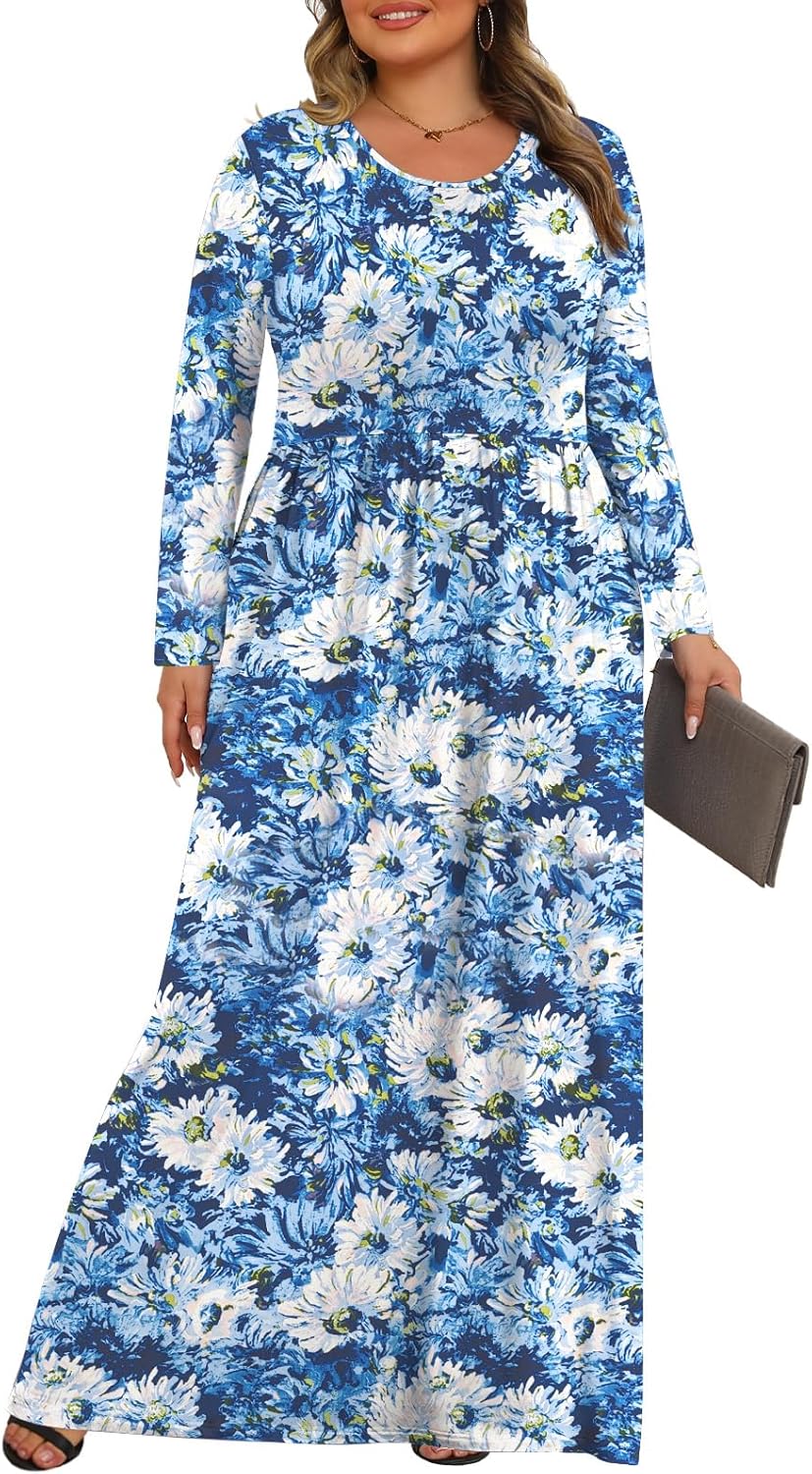 Tencede Womens Plus Size Maxi Dresses Long Sleeve with Pockets Casual Long Dress 1X-5X - Image 3