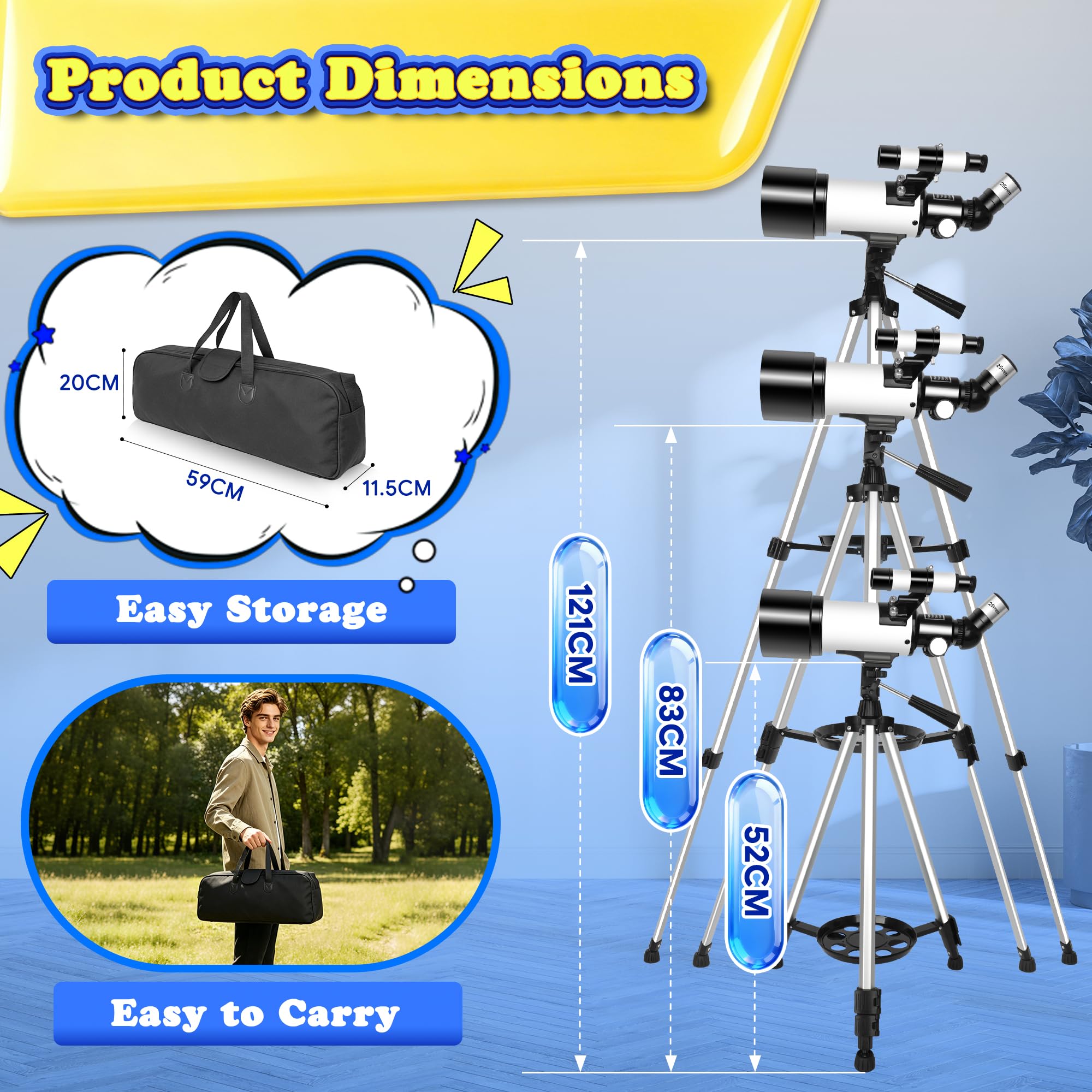 Telescopio Refractor 70/400 para Niños y Principiantes, Telescopio Astronómico Portátil con Trípode, 2 Oculares, Bolsa y 4 Puzzles Educativos de Ciencias para Observar Luna y Estrellas
