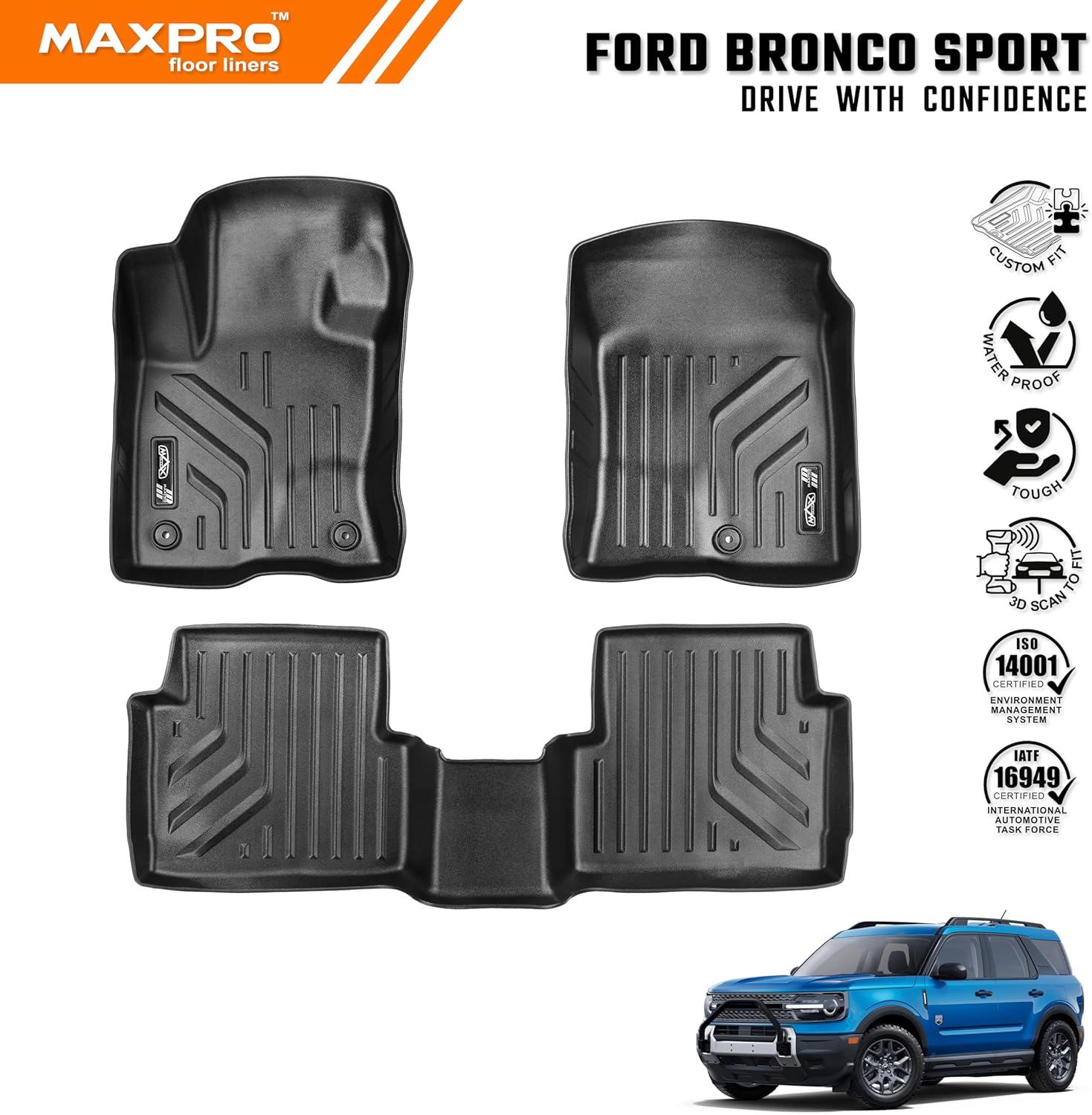 MAXPRO Floor Mats Custom Fit for 2021-2025 Ford Bronco Sport | 1st & 2nd Row | Heavy Duty All Weather Waterproof Floor Liners - Image 2