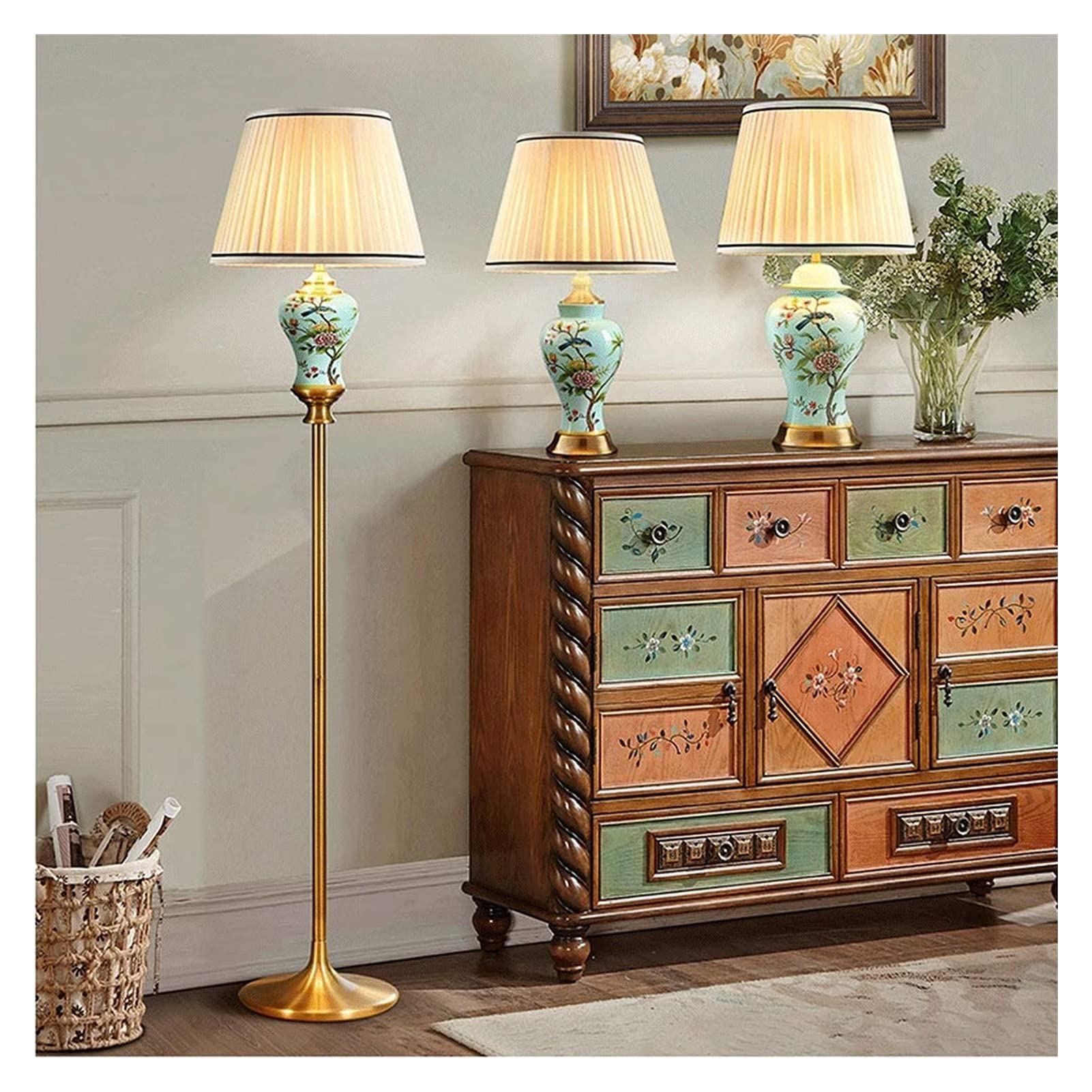 Tischlampe Schreibtischlampen Retro Keramik mit doppelter weißer Stoffschatten Nachttischlampe, Schreibtischlampe for Nachttisch Studienraum Wohnzimmer Nachttischlampen (Size : S)
