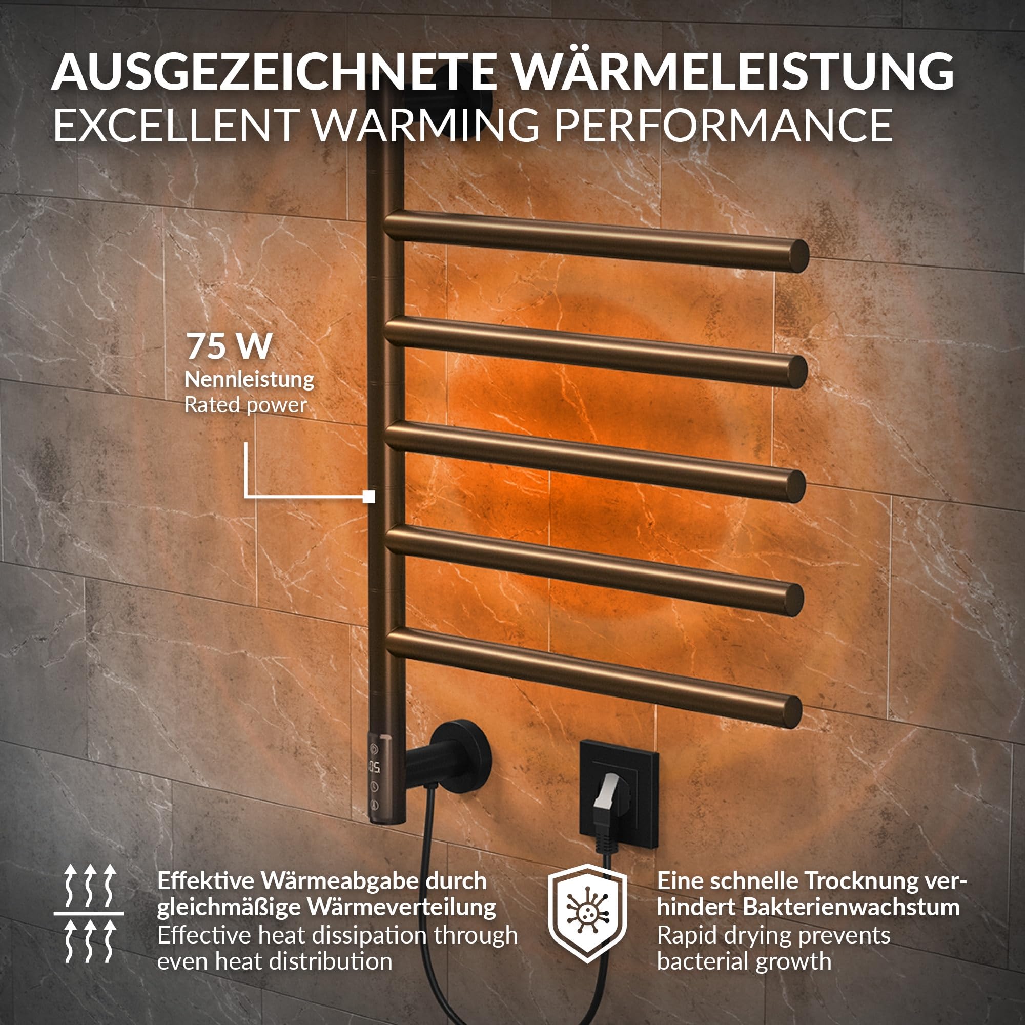 LuxeBath Scaldasalviette Elettrico con 5 Bracci Girevoli a 180°, Nero Opaco in Acciaio, 75W, Timer 0,5-9h e Display Touch Digitale, Radiatore da Bagno IPX4, 450x622 mm, Portasciugamani a Parete